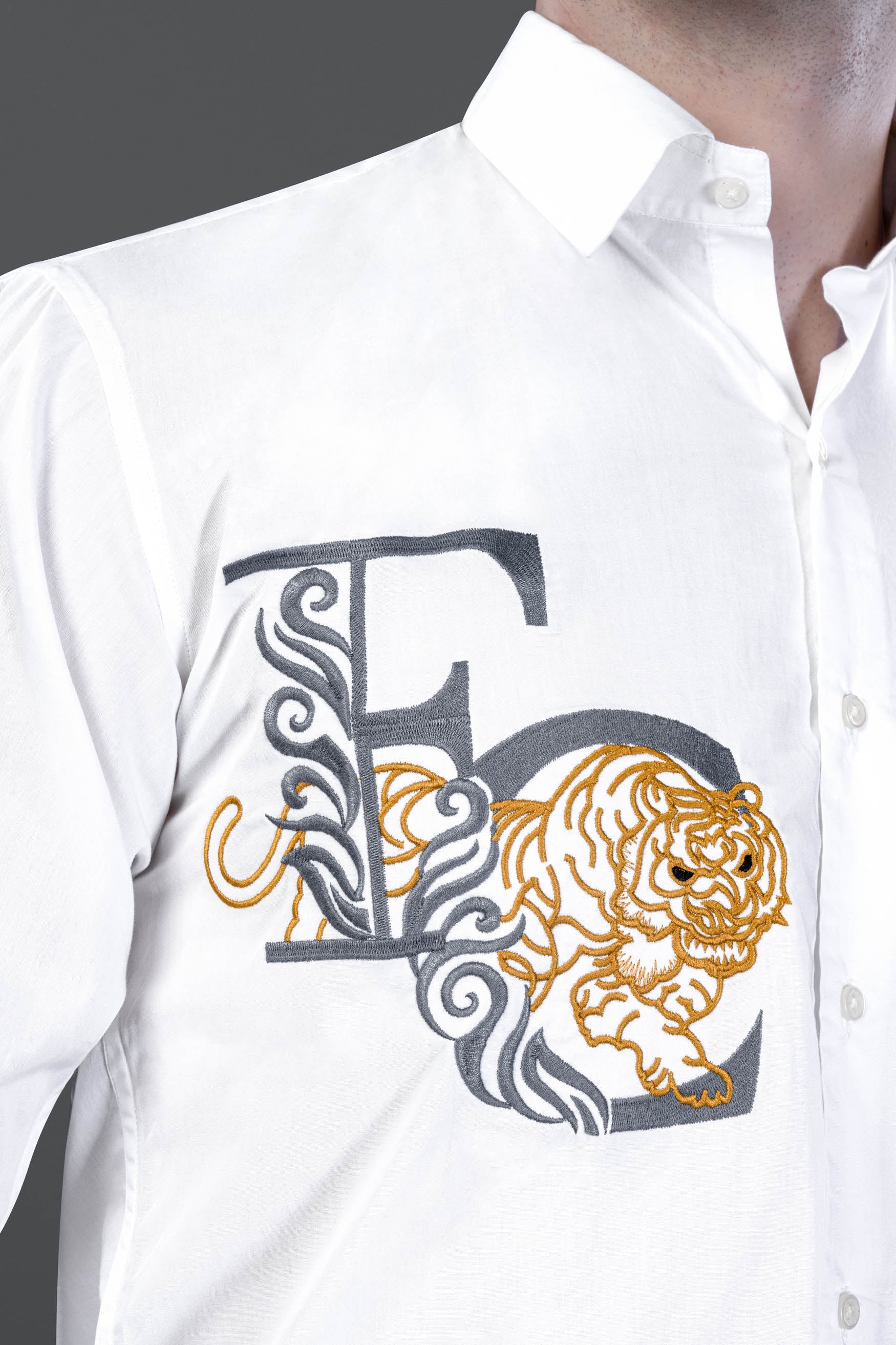 Bright White with Brand Acronym and Tiger Embroidered Premium Cotton Designer Shirt 12108-E361-38, 12108-E361-H-38, 12108-E361-39, 12108-E361-H-39, 12108-E361-40, 12108-E361-H-40, 12108-E361-42, 12108-E361-H-42, 12108-E361-44, 12108-E361-H-44, 12108-E361-46, 12108-E361-H-46, 12108-E361-48, 12108-E361-H-48, 12108-E361-50, 12108-E361-H-50, 12108-E361-52, 12108-E361-H-52