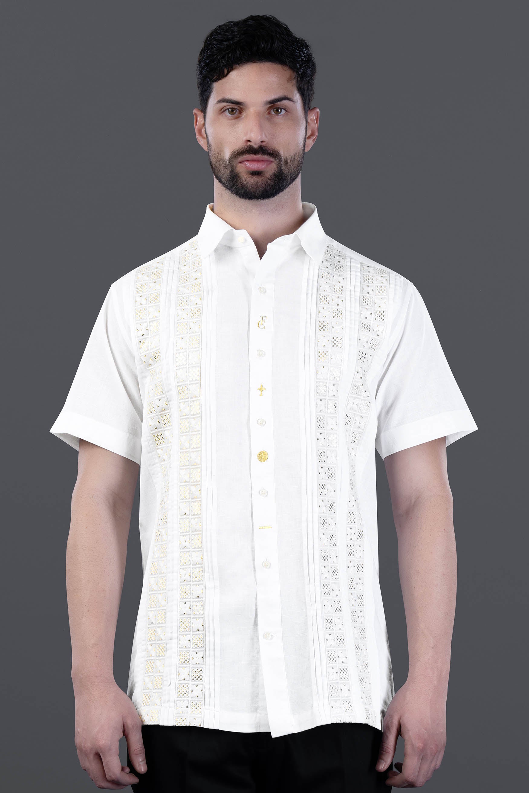 Bright White with Tikki Work and Brand Element Embroidered Luxurious Linen Half Sleeved Designer Shirt 12109-SS-P819-E362-38, 12109-SS-P819-E362-39, 12109-SS-P819-E362-40, 12109-SS-P819-E362-42, 12109-SS-P819-E362-44, 12109-SS-P819-E362-46, 12109-SS-P819-E362-48, 12109-SS-P819-E362-50, 12109-SS-P819-E362-52