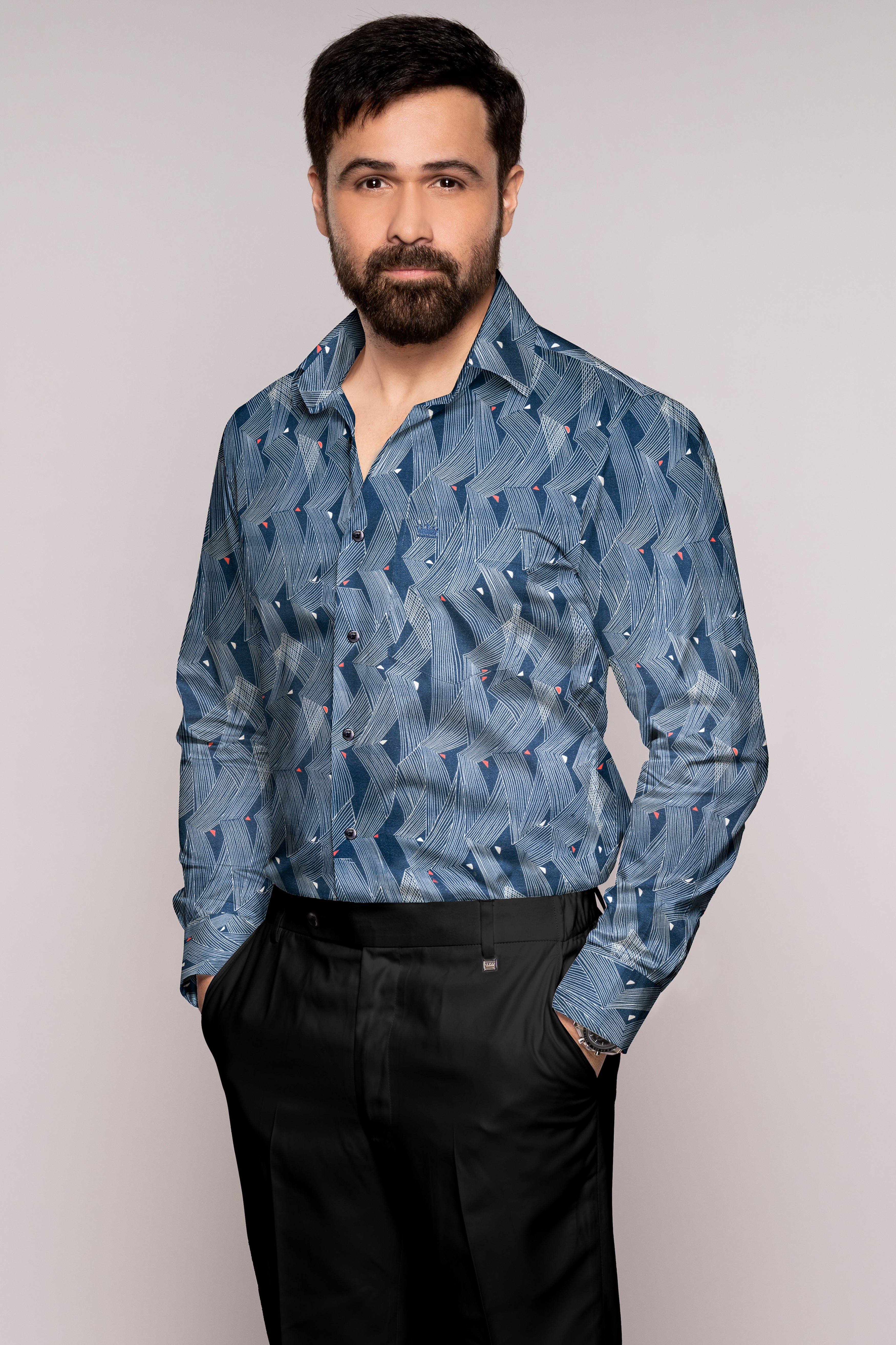 Timber Blue and White Line Waves Printed Subtle Sheen Super Soft Premium Cotton Designer Shirt