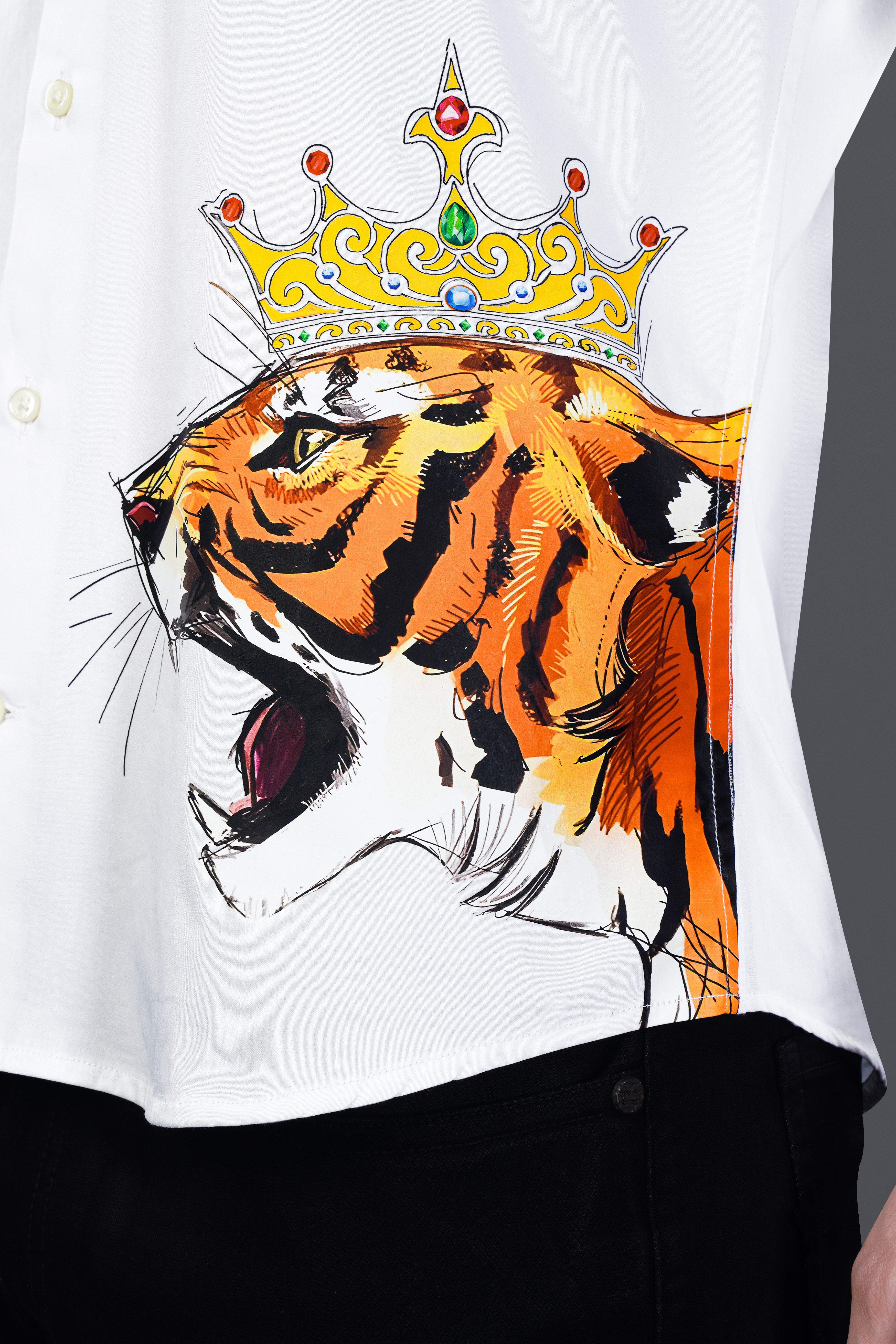 Bright White French Crown Elements with Tiger Printed Premium Cotton  Designer Shirt