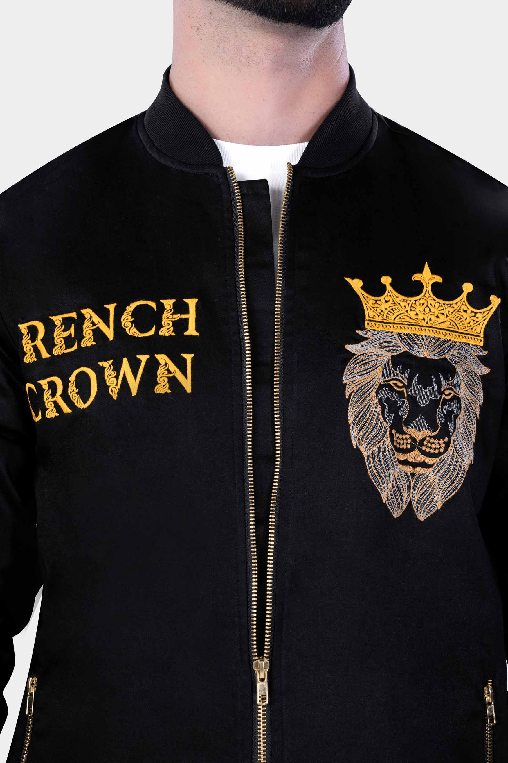 Jade Black French Crown Embroidered Premium Cotton Signature Bomber Jacket