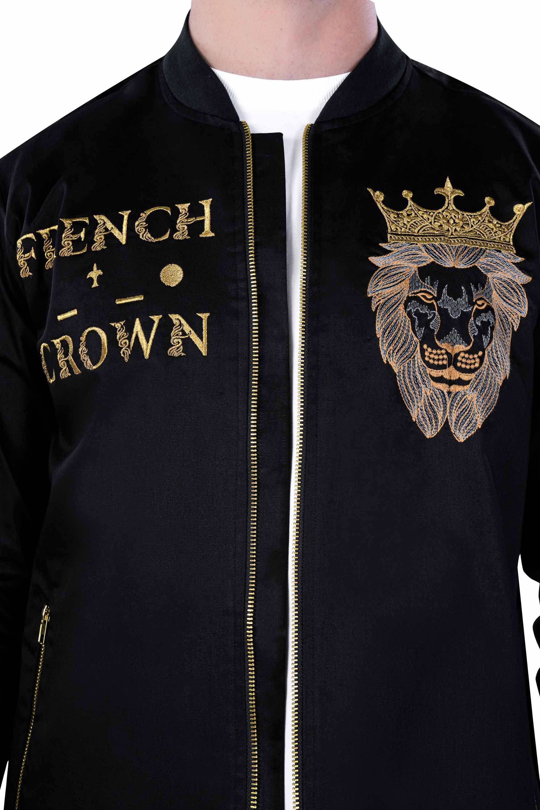 Jade Black Crowned Lion Embroidered Premium Cotton Bomber Designer Jacket