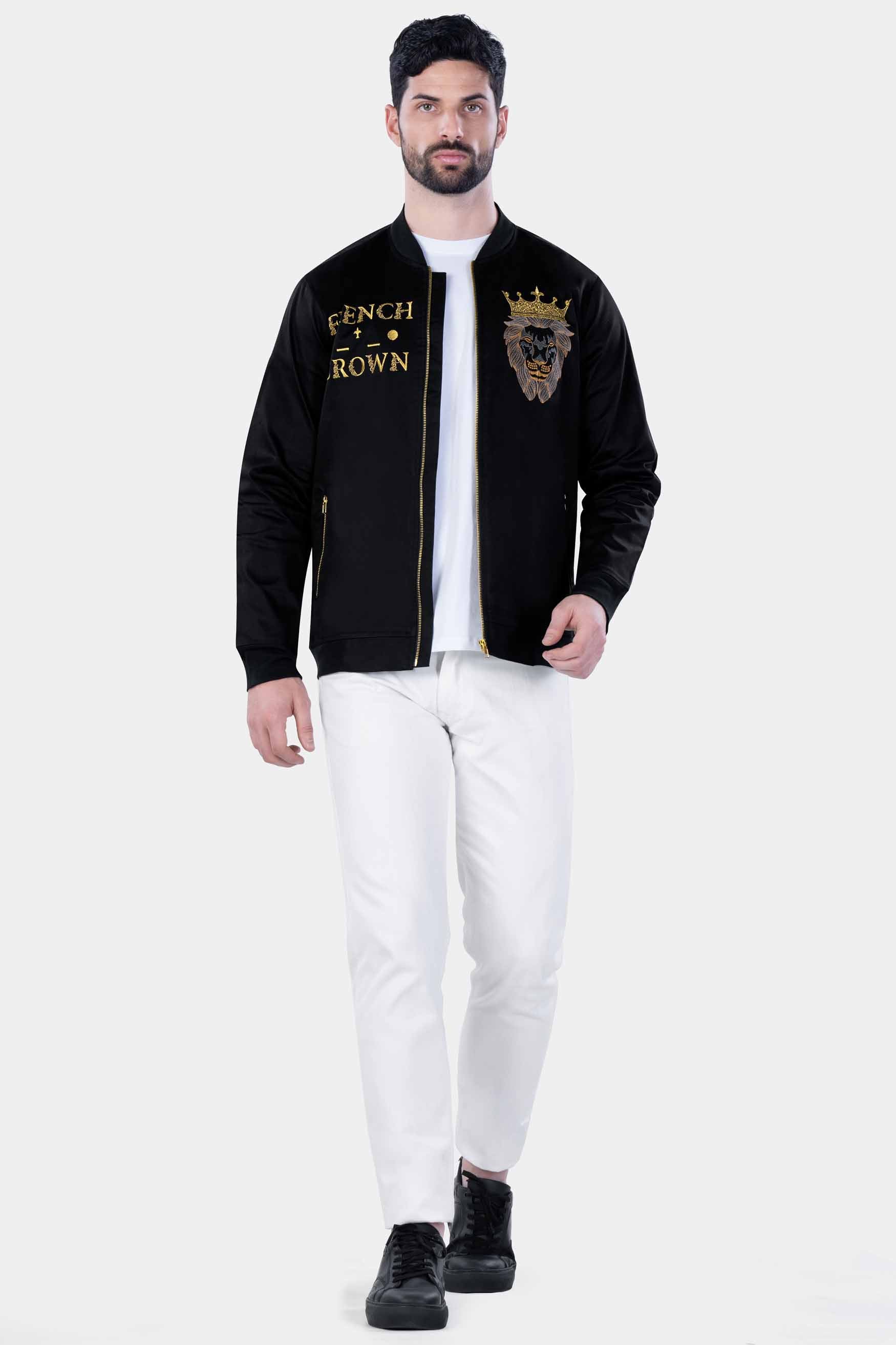 Jade Black Crowned Lion Embroidered Premium Cotton Bomber Designer Jacket