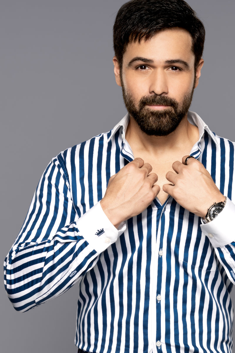 REGAL BLUE AND WHITE STRIPED PRINTED WITH WHITE CUFFS AND COLLAR SUBTLE SHEEN SUPER SOFT PREMIUM COTTON DESIGNER SHIRT