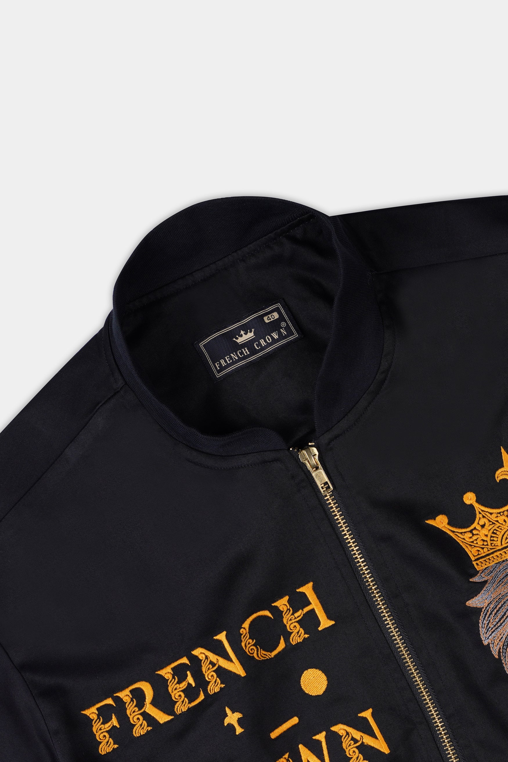 Jade Black with French Crown and Lion Embroidered Premium Cotton Bomber Jacket