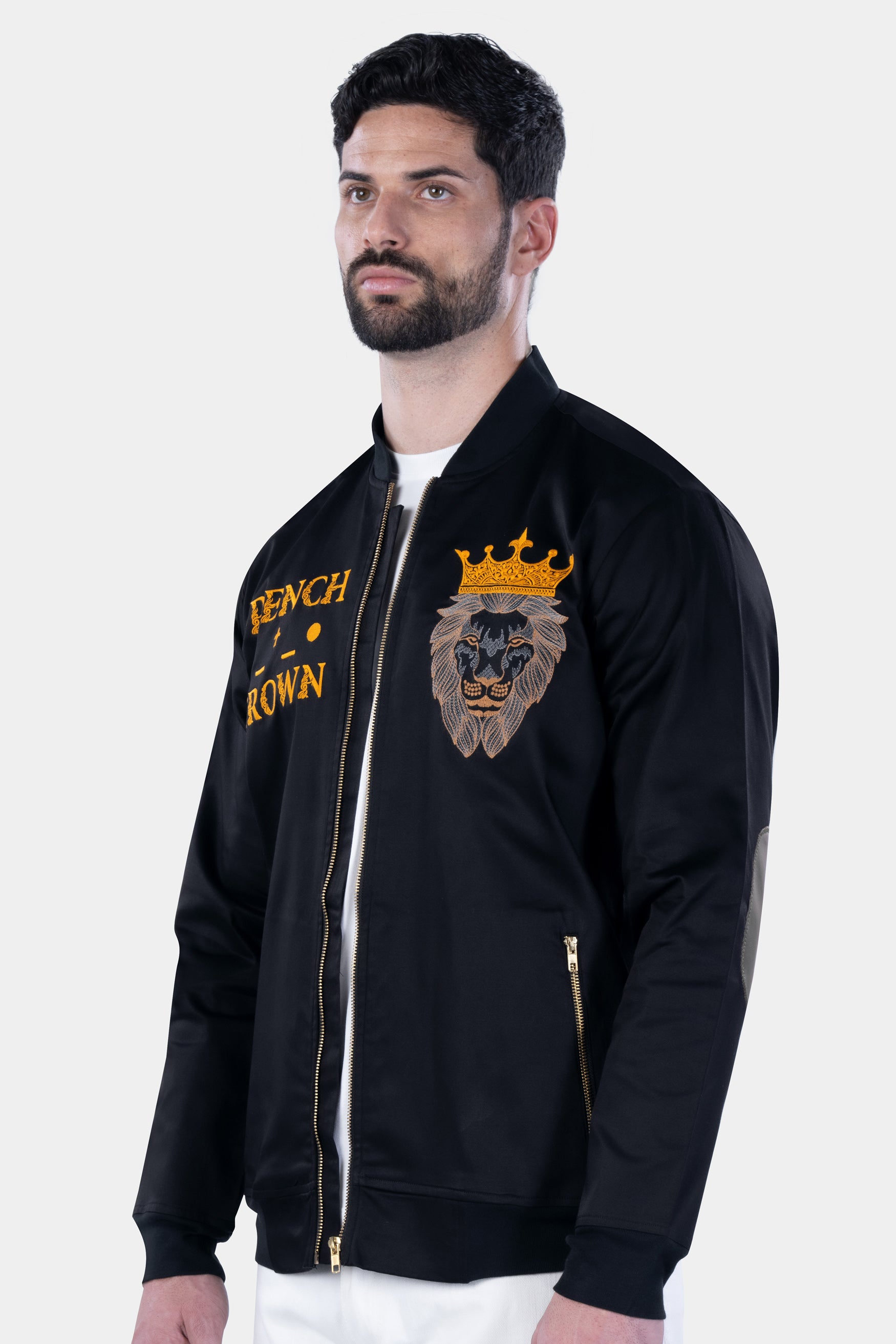 Jade Black with French Crown and Lion Embroidered Premium Cotton Bomber Jacket