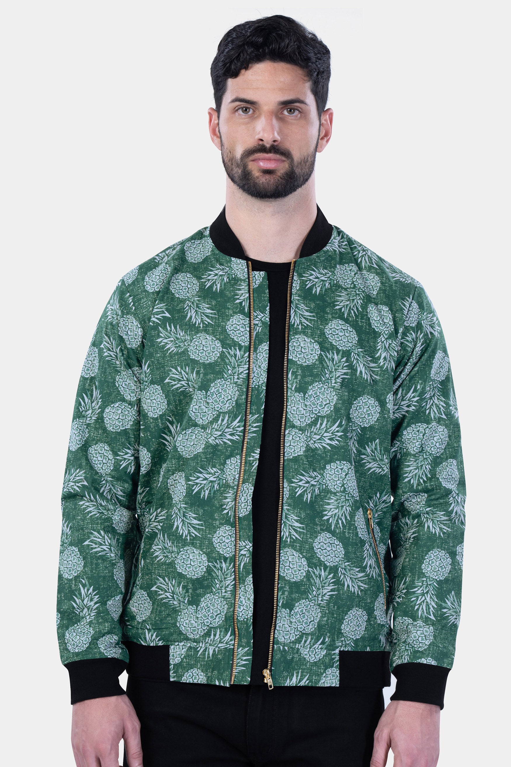 Plantation Green Pineapple Printed Premium Cotton Bomber Jacket