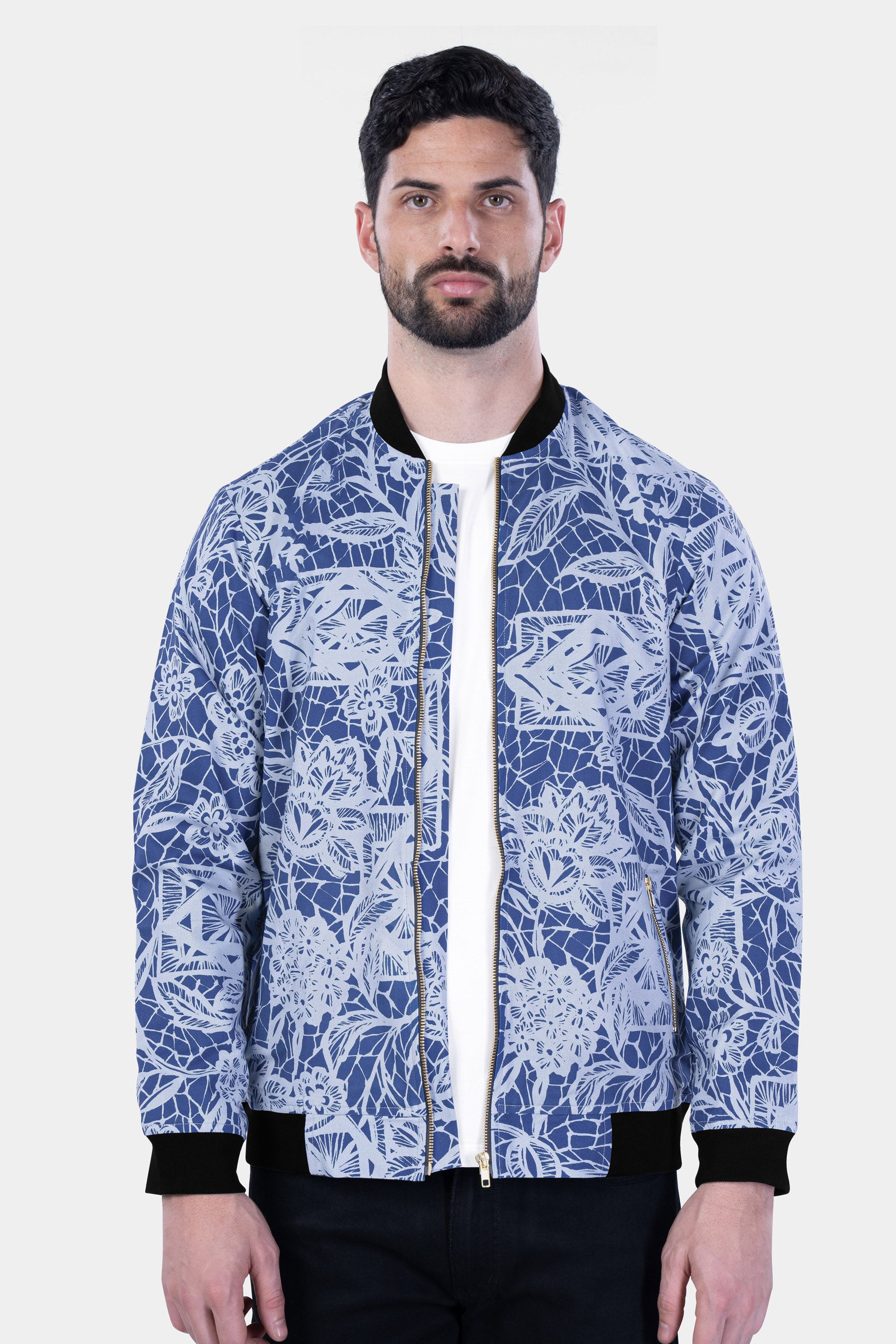 Navy Blue Floral Print Bomber Jacket | SilkFred US