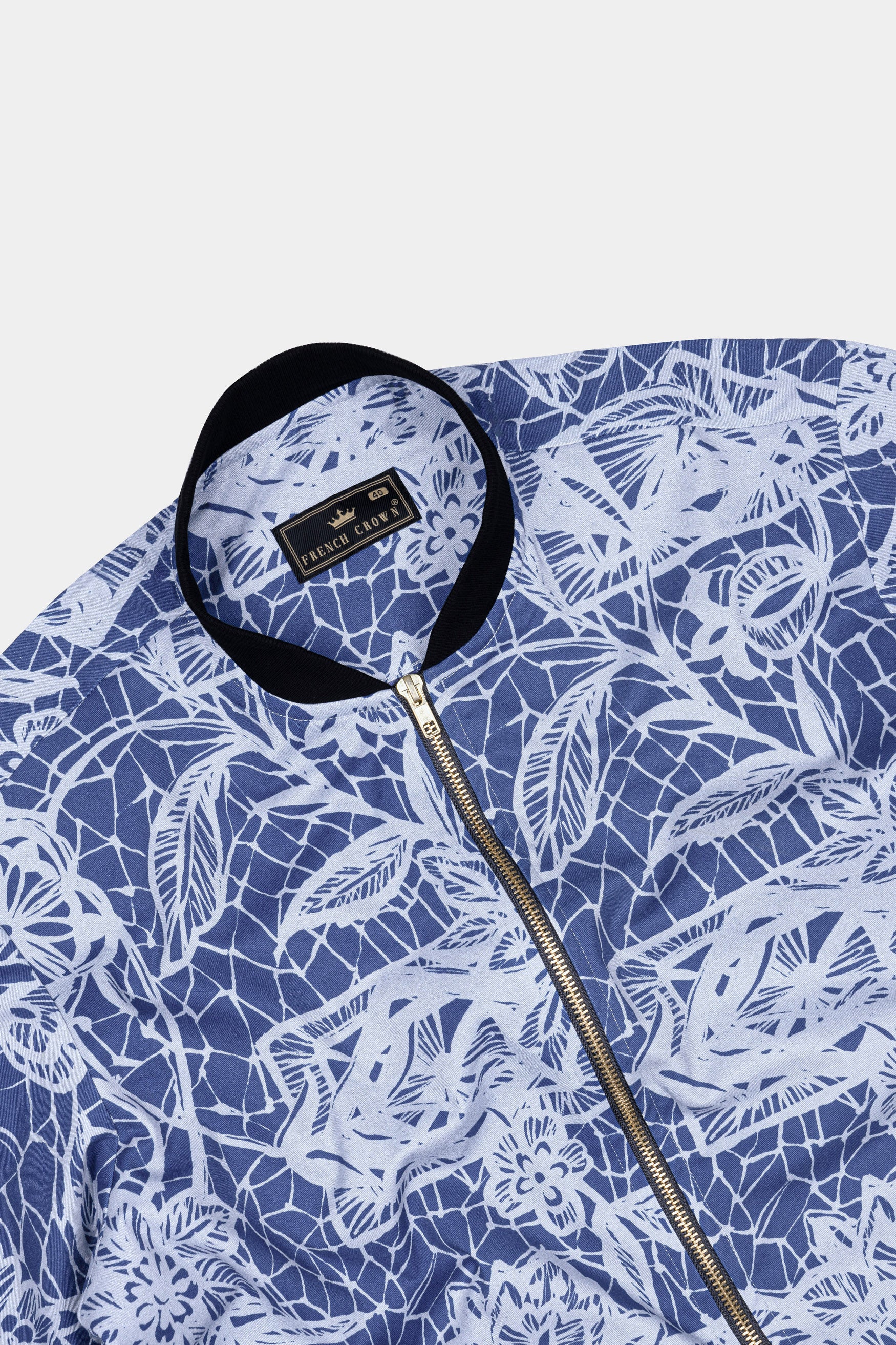Dusk Blue and Mischka Gray Floral Printed Premium Cotton Bomber Jacket