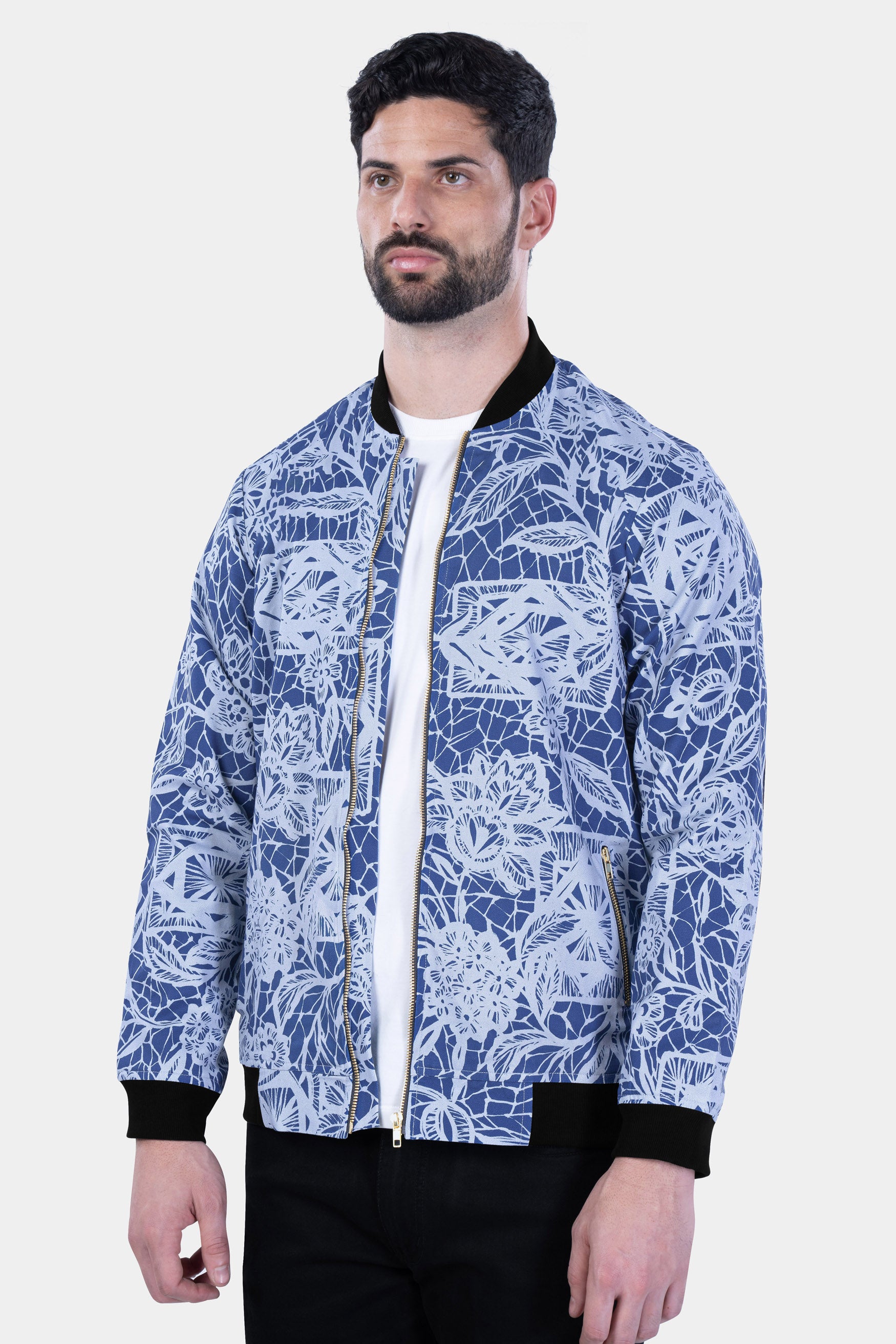 Dusk Blue and Mischka Gray Floral Printed Premium Cotton Bomber Jacket