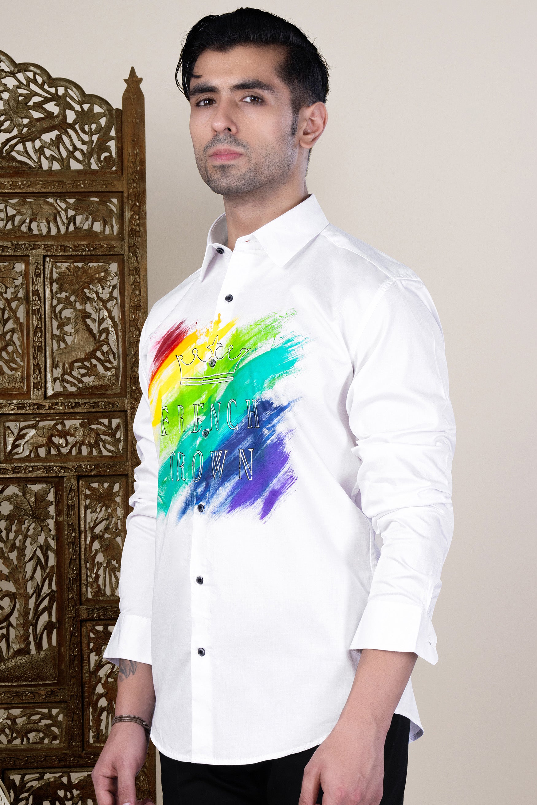 Bright White Multicolour with French Crown Hand Painted Subtle Sheen Super Soft Premium Cotton Designer Shirt 12166-NP-BLK-ART-38, 12166-NP-BLK-ART-H-38, 12166-NP-BLK-ART-39, 12166-NP-BLK-ART-H-39, 12166-NP-BLK-ART-40, 12166-NP-BLK-ART-H-40, 12166-NP-BLK-ART-42, 12166-NP-BLK-ART-H-42, 12166-NP-BLK-ART-44, 12166-NP-BLK-ART-H-44, 12166-NP-BLK-ART-46, 12166-NP-BLK-ART-H-46, 12166-NP-BLK-ART-48, 12166-NP-BLK-ART-H-48, 12166-NP-BLK-ART-50, 12166-NP-BLK-ART-H-50, 12166-NP-BLK-ART-52, 12166-NP-BLK-ART-H-52
