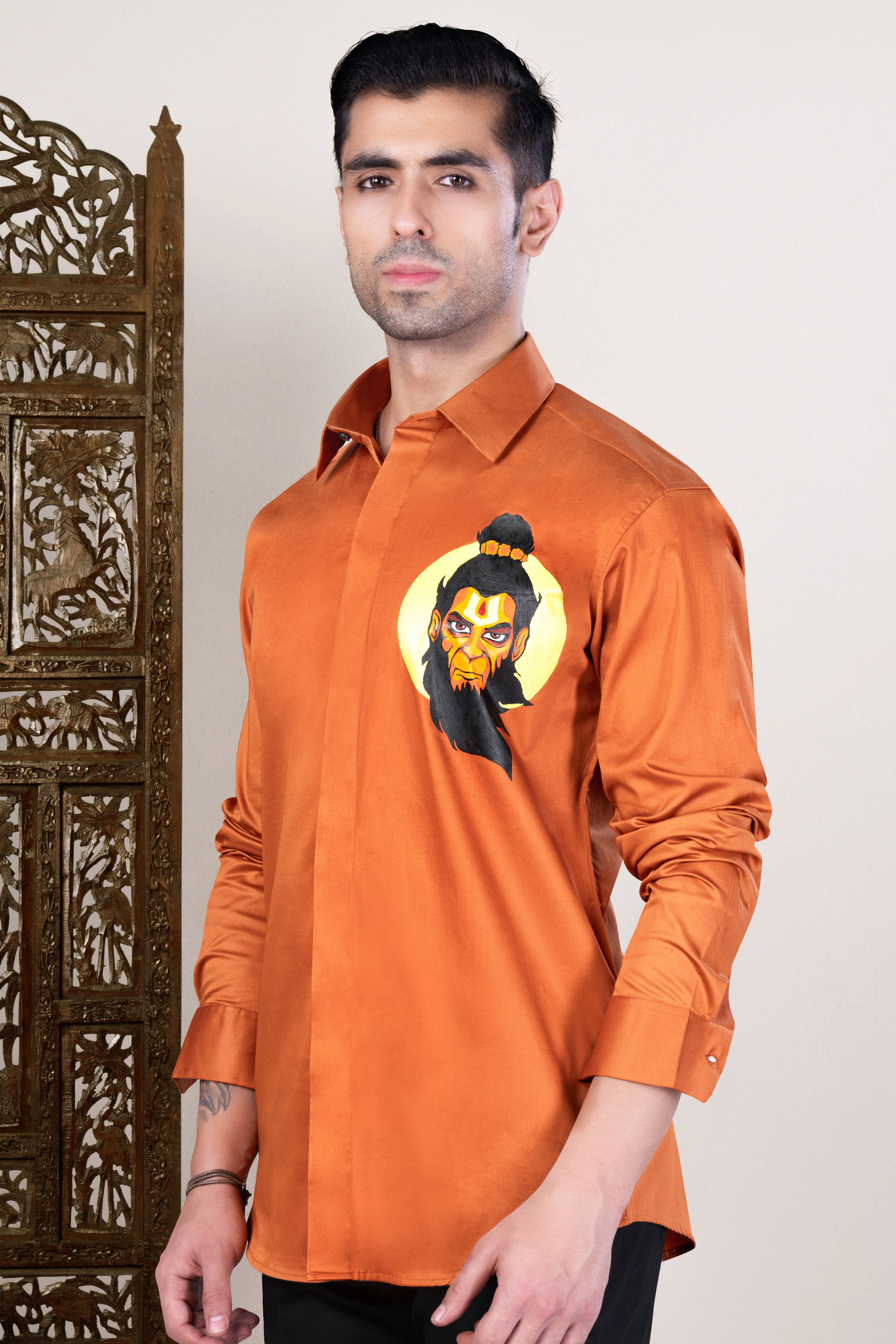 Sienna Orange Lord Hanuman Hand Painted Subtle Sheen Super Soft Premium Cotton Designer Shirt 12167-NP-BLK-P782-38, 12167-NP-BLK-P782-H-38, 12167-NP-BLK-P782-39, 12167-NP-BLK-P782-H-39, 12167-NP-BLK-P782-40, 12167-NP-BLK-P782-H-40, 12167-NP-BLK-P782-42, 12167-NP-BLK-P782-H-42, 12167-NP-BLK-P782-44, 12167-NP-BLK-P782-H-44, 12167-NP-BLK-P782-46, 12167-NP-BLK-P782-H-46, 12167-NP-BLK-P782-48, 12167-NP-BLK-P782-H-48, 12167-NP-BLK-P782-50, 12167-NP-BLK-P782-H-50, 12167-NP-BLK-P782-52, 12167-NP-BLK-P782-H-52