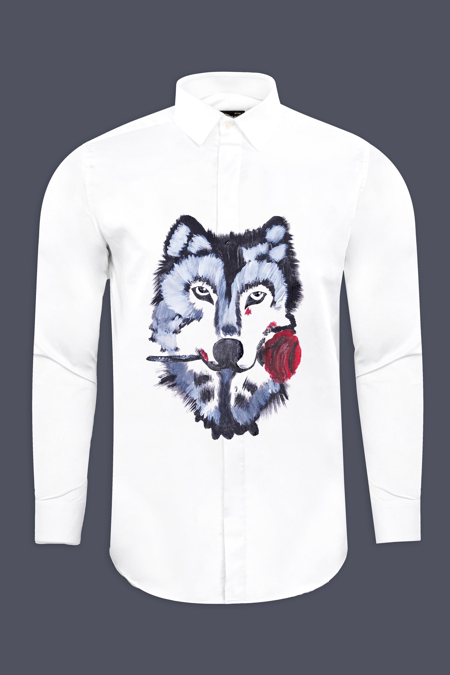 Bright White Romantic Wolf Hand painted effect Printed Subtle Sheen Super Soft Premium Cotton Designer Shirt 12205-NP-P782-38, 12205-NP-P782-H-38, 12205-NP-P782-39, 12205-NP-P782-H-39, 12205-NP-P782-40, 12205-NP-P782-H-40, 12205-NP-P782-42, 12205-NP-P782-H-42, 12205-NP-P782-44, 12205-NP-P782-H-44, 12205-NP-P782-46, 12205-NP-P782-H-46, 12205-NP-P782-48, 12205-NP-P782-H-48, 12205-NP-P782-50, 12205-NP-P782-H-50, 12205-NP-P782-52, 12205-NP-P782-H-52