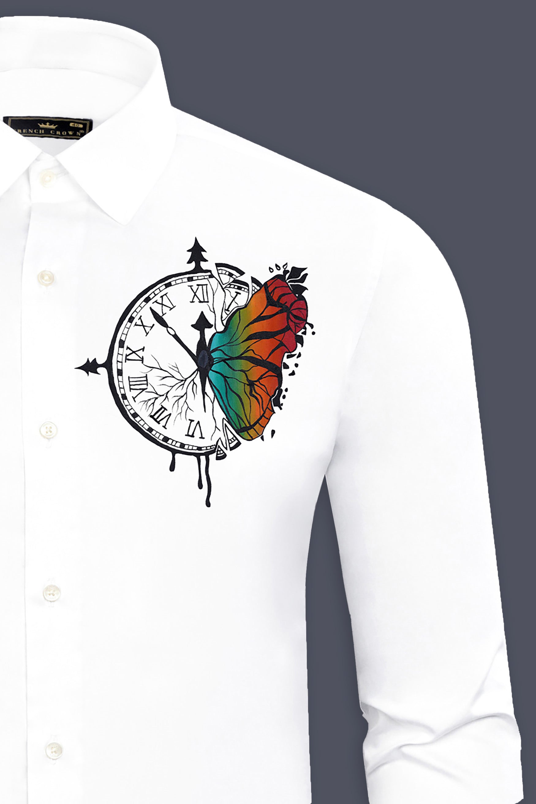 Bright White Creative Clock Printed Subtle Sheen Super Soft Premium Cotton Designer Shirt