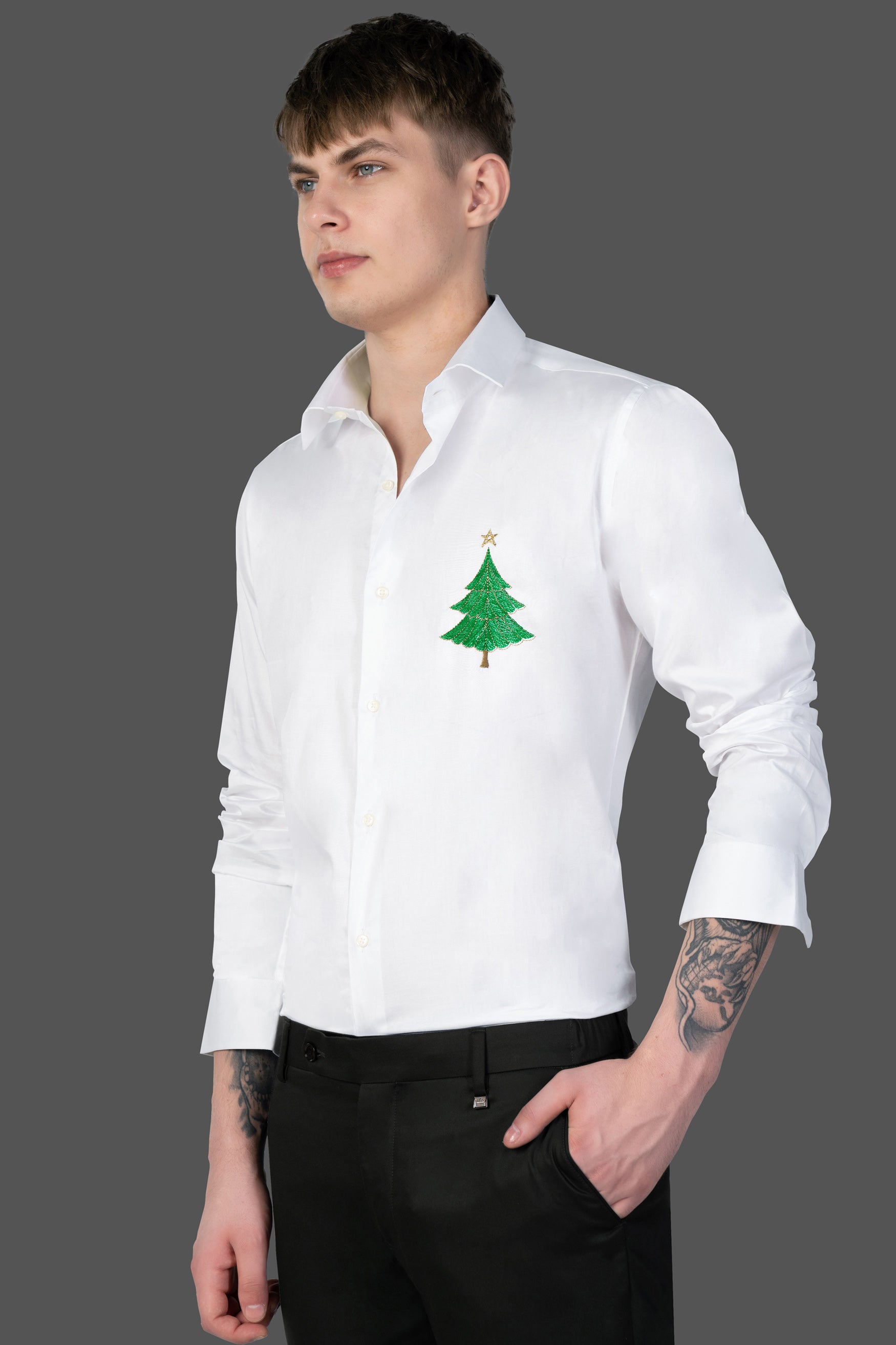 Bright White Christmas Tree Embroidered Subtle Sheen Super Soft Premium Cotton Designer Shirt