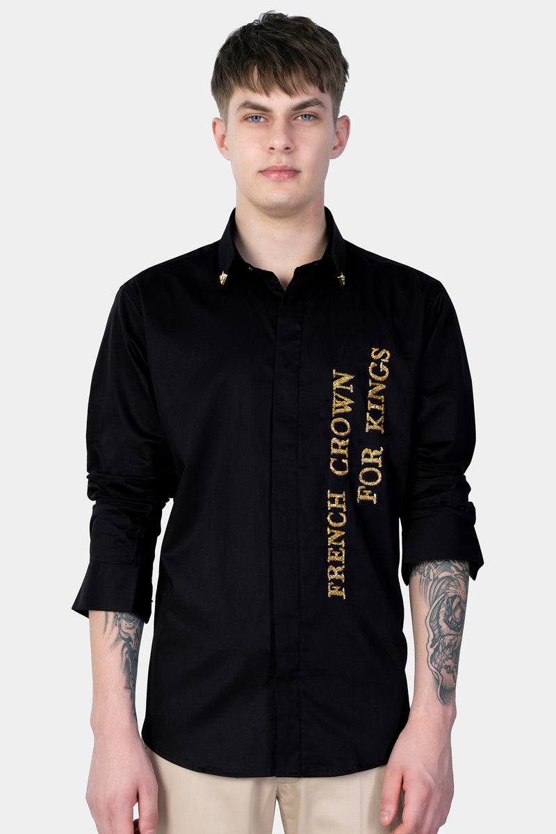 JADE BLACK FRENCH CROWN FOR KINGS HANDWORK SUBTLE SHEEN SUPER SOFT PREMIUM COTTON DESIGNER SHIRT