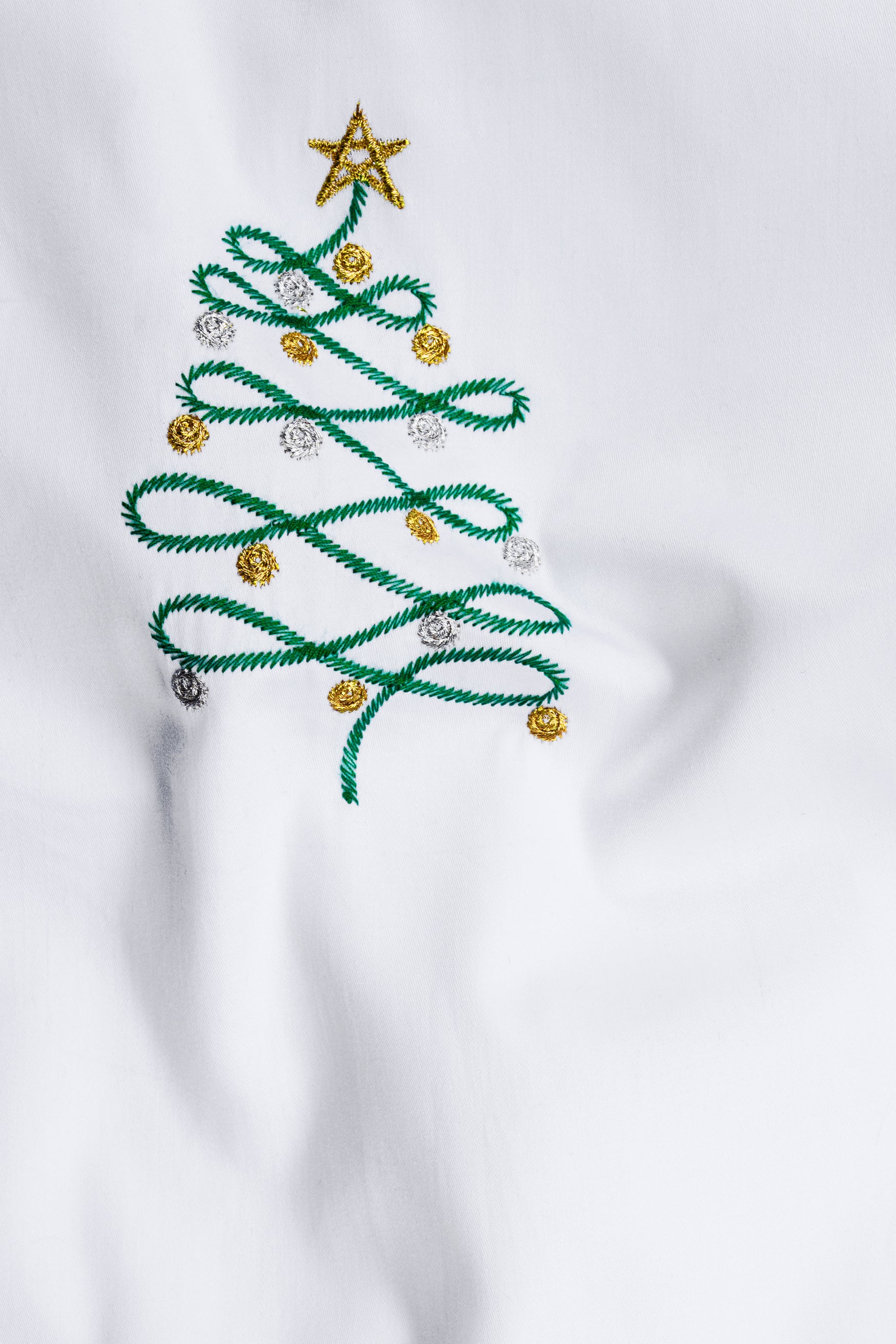 Bright White with Unique Christmas Tree Embroidered Subtle Sheen Super Soft Premium Cotton Designer Shirt