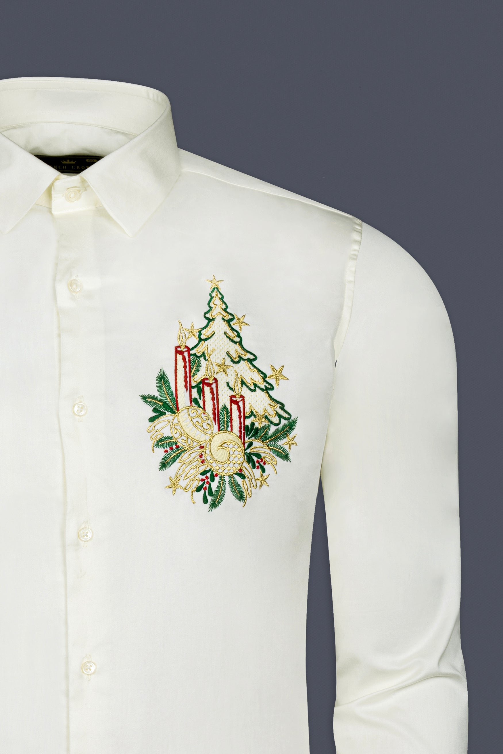 Harp Cream Christmas Tree Embroidered Subtle Sheen Super Soft Premium Cotton Designer Shirt