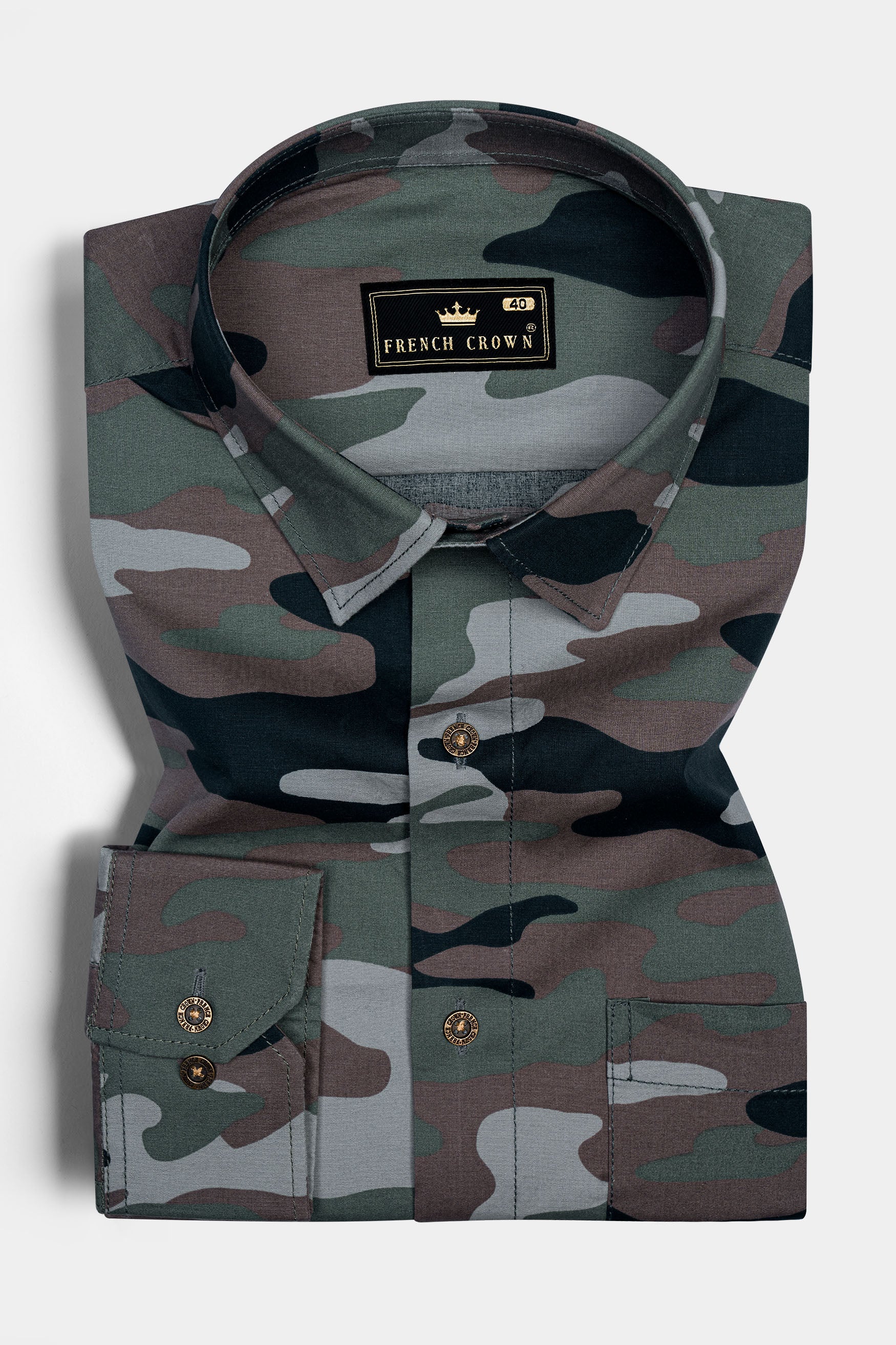 Mineral Green And Tundora Brown Camouflage Royal Oxford Shirt