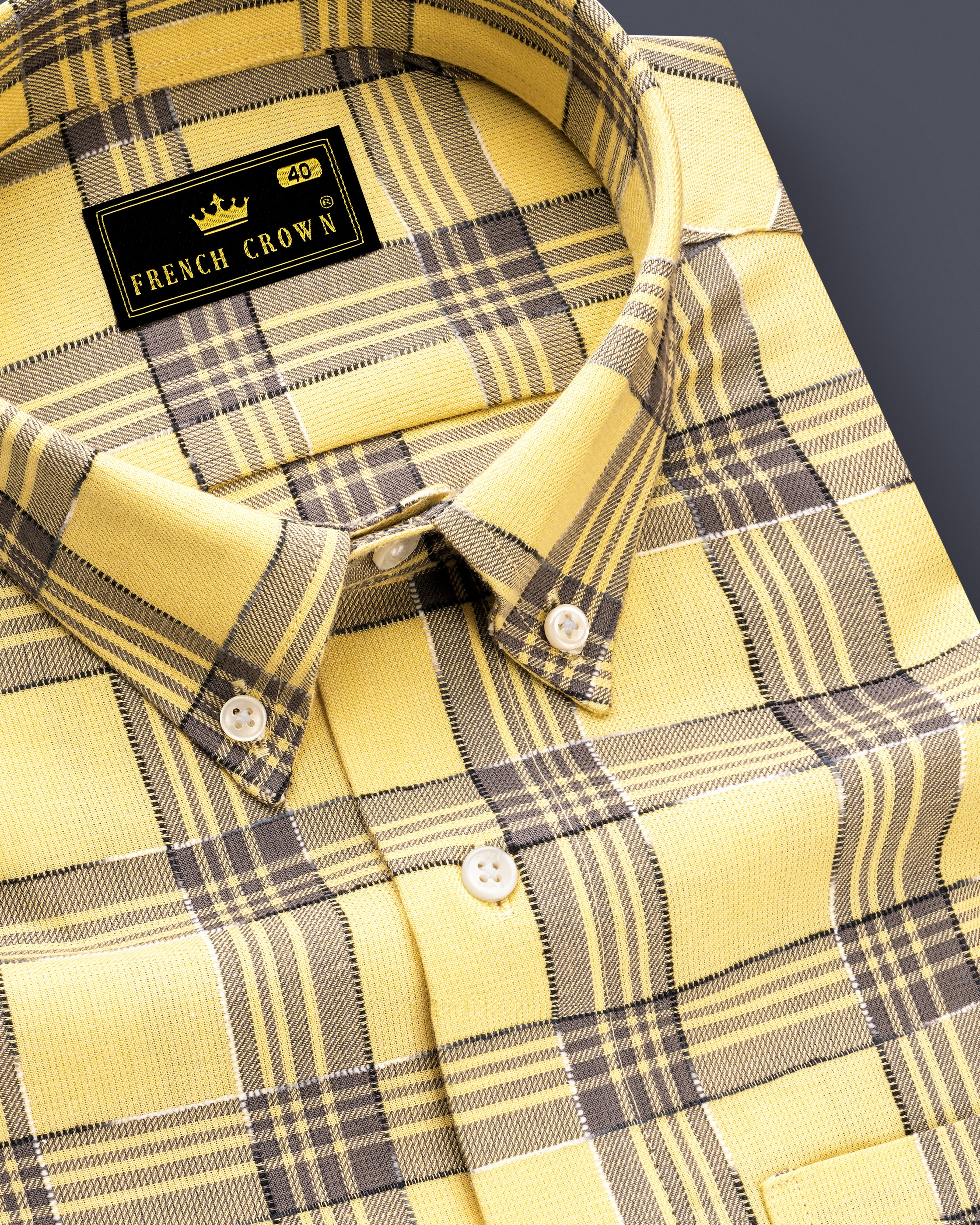 Maize Yellow And Dolphin Gray Checked  Dobby Textured Premium Giza Cotton Shirt