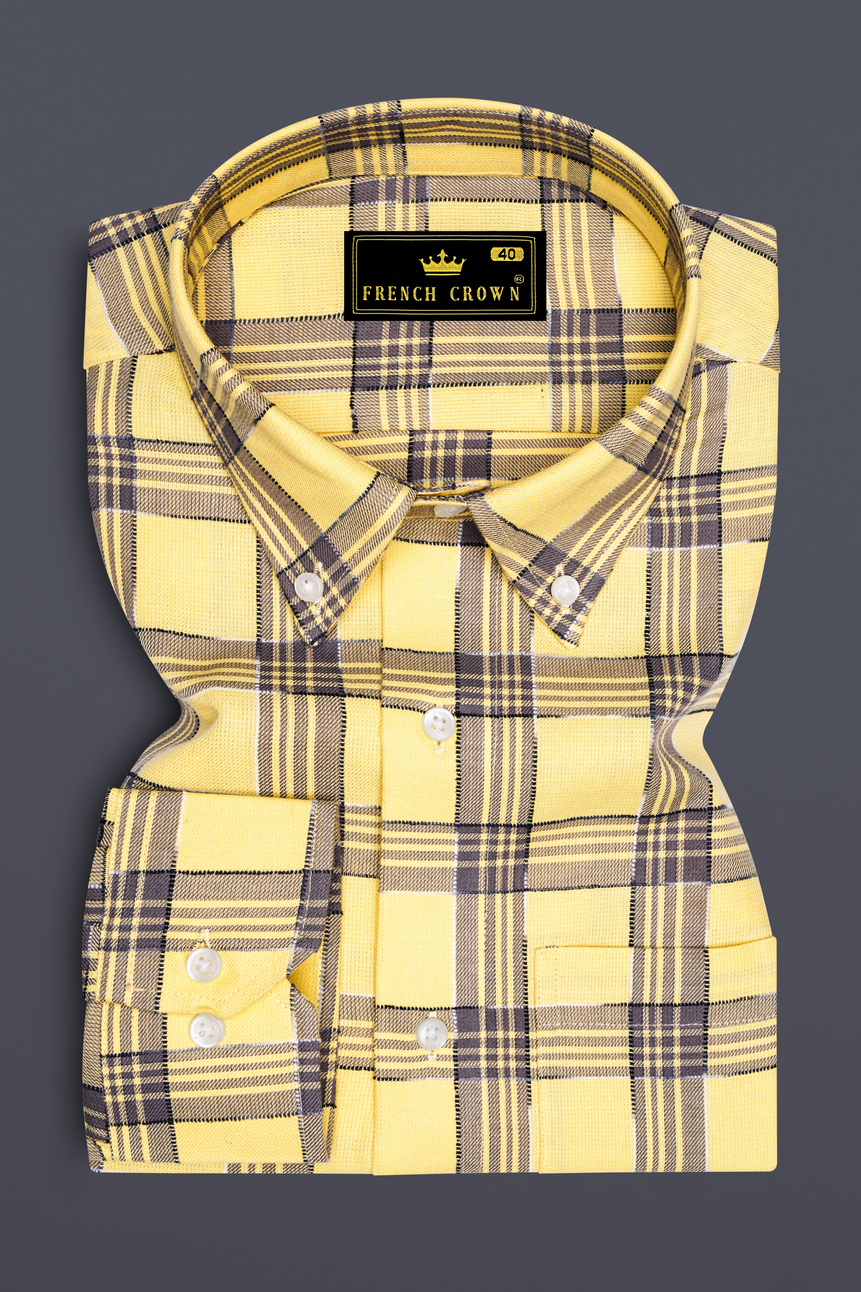 Maize Yellow And Dolphin Gray Checked  Dobby Textured Premium Giza Cotton Shirt