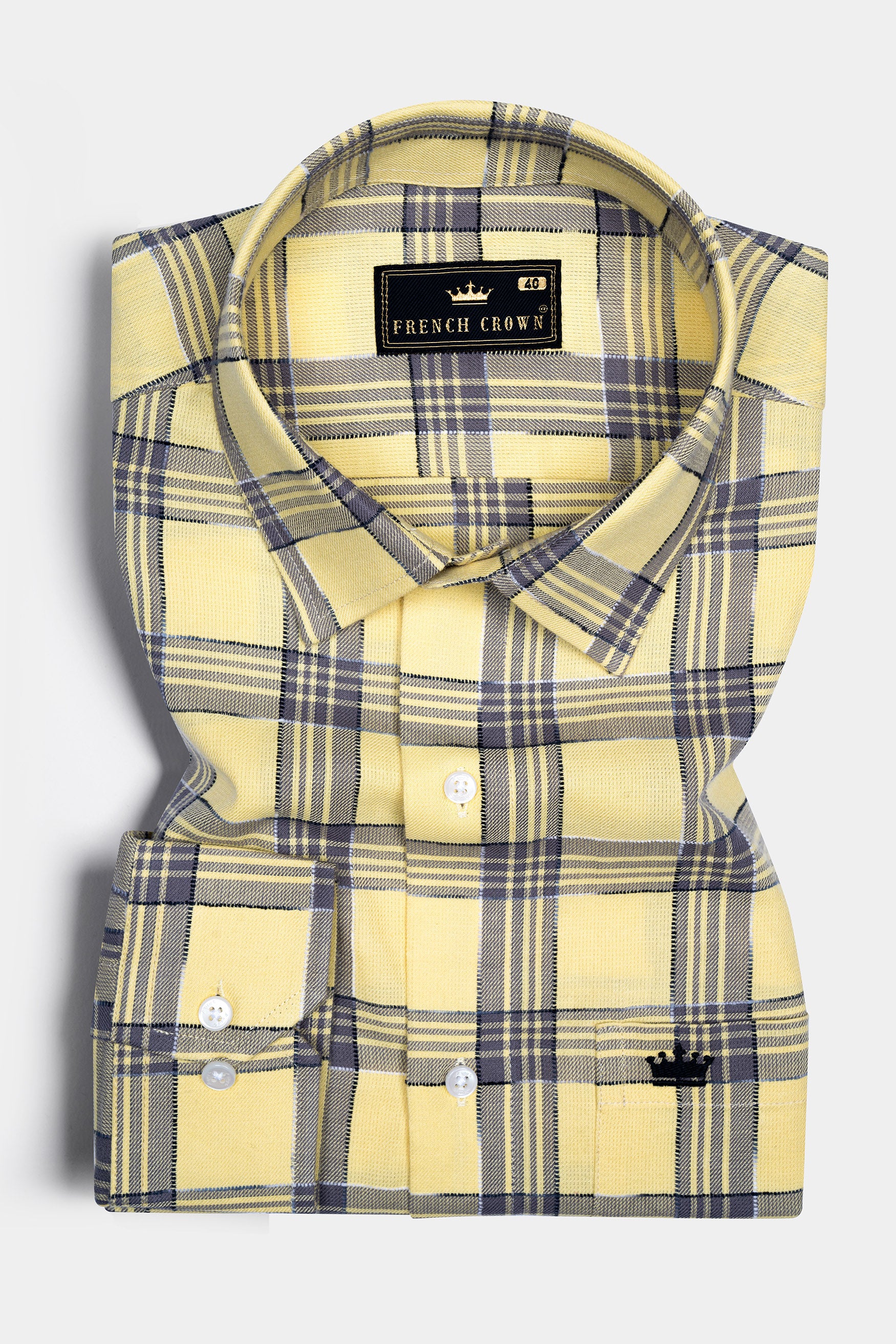 Maize Yellow And Dolphin Gray Checked  Dobby Textured Premium Giza Cotton Shirt