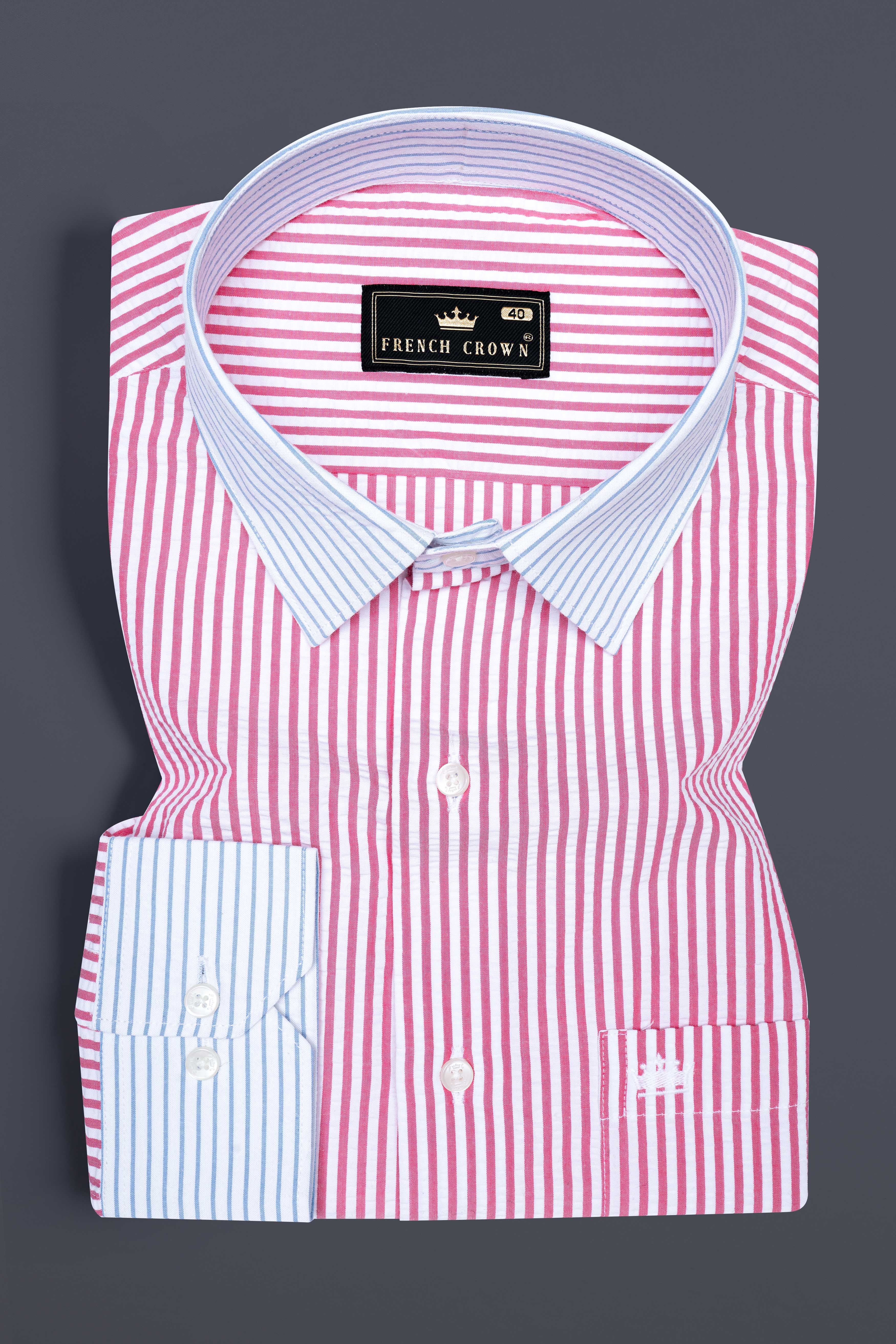 Thulian Pink And Bright White Striped Seersucker Giza Cotton Designer Shirt