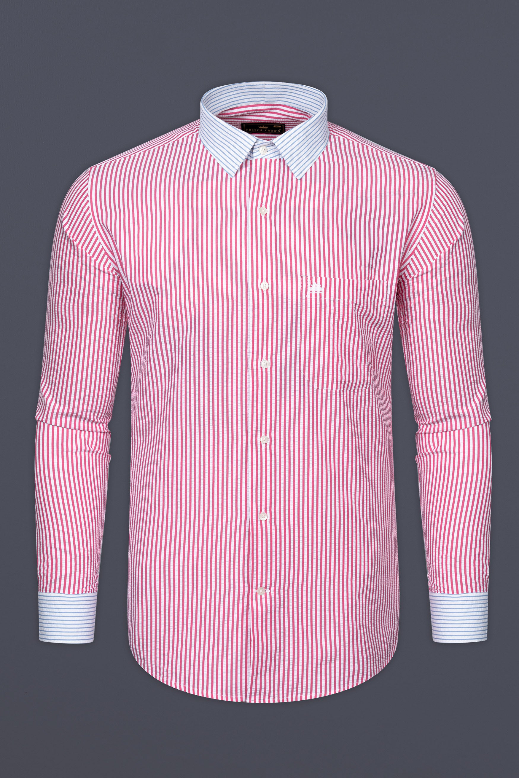 Thulian Pink And Bright White Striped Seersucker Giza Cotton Designer Shirt 12385-P526-38, 12385-P526-H-38, 12385-P526-39, 12385-P526-H-39, 12385-P526-40, 12385-P526-H-40, 12385-P526-42, 12385-P526-H-42, 12385-P526-44, 12385-P526-H-44, 12385-P526-46, 12385-P526-H-46, 12385-P526-48, 12385-P526-H-48, 12385-P526-50, 12385-P526-H-50, 12385-P526-52, 12385-P526-H-52