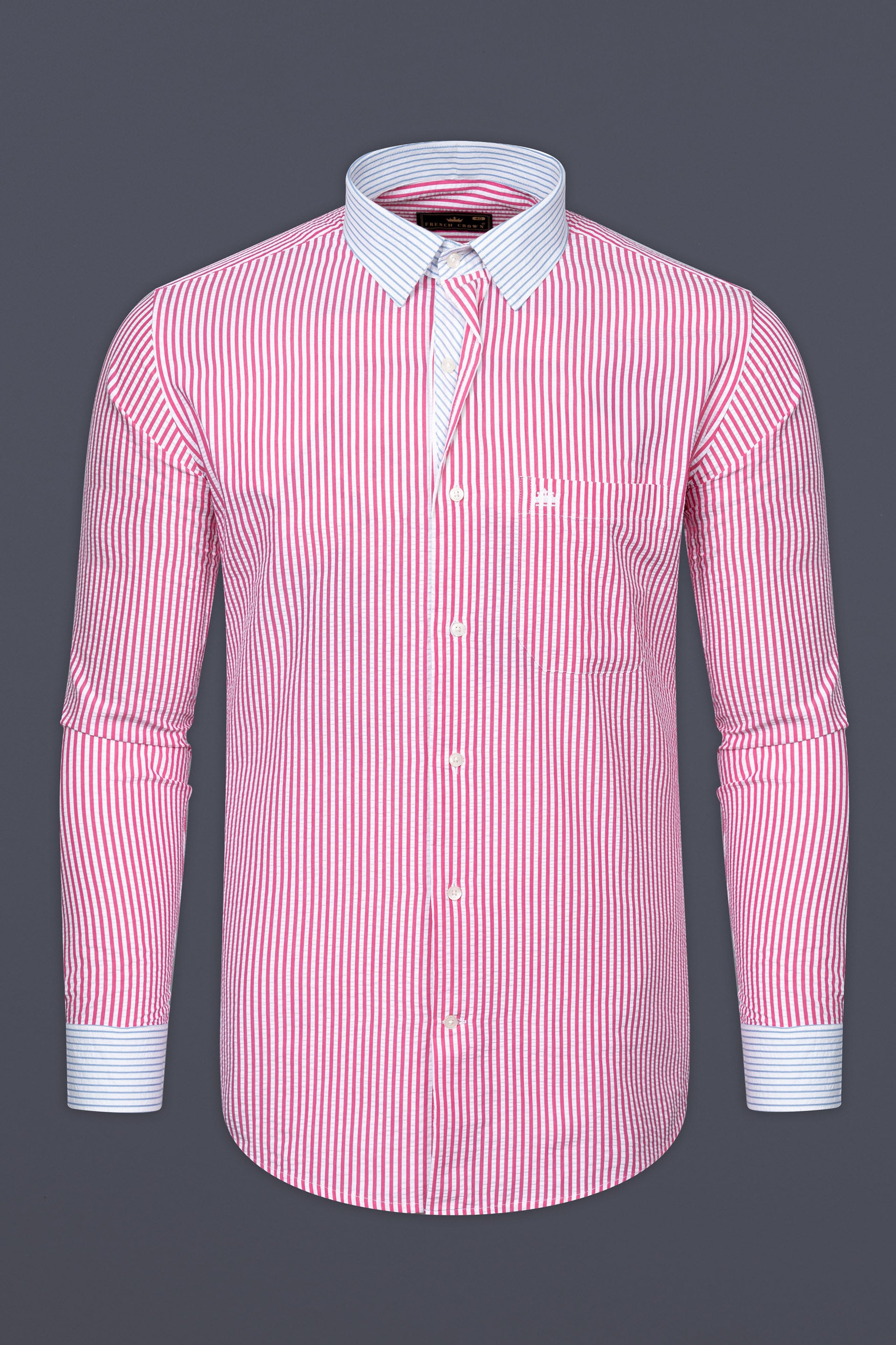 Thulian Pink And Bright White Striped Seersucker Giza Cotton Designer Shirt 12385-P526-38, 12385-P526-H-38, 12385-P526-39, 12385-P526-H-39, 12385-P526-40, 12385-P526-H-40, 12385-P526-42, 12385-P526-H-42, 12385-P526-44, 12385-P526-H-44, 12385-P526-46, 12385-P526-H-46, 12385-P526-48, 12385-P526-H-48, 12385-P526-50, 12385-P526-H-50, 12385-P526-52, 12385-P526-H-52