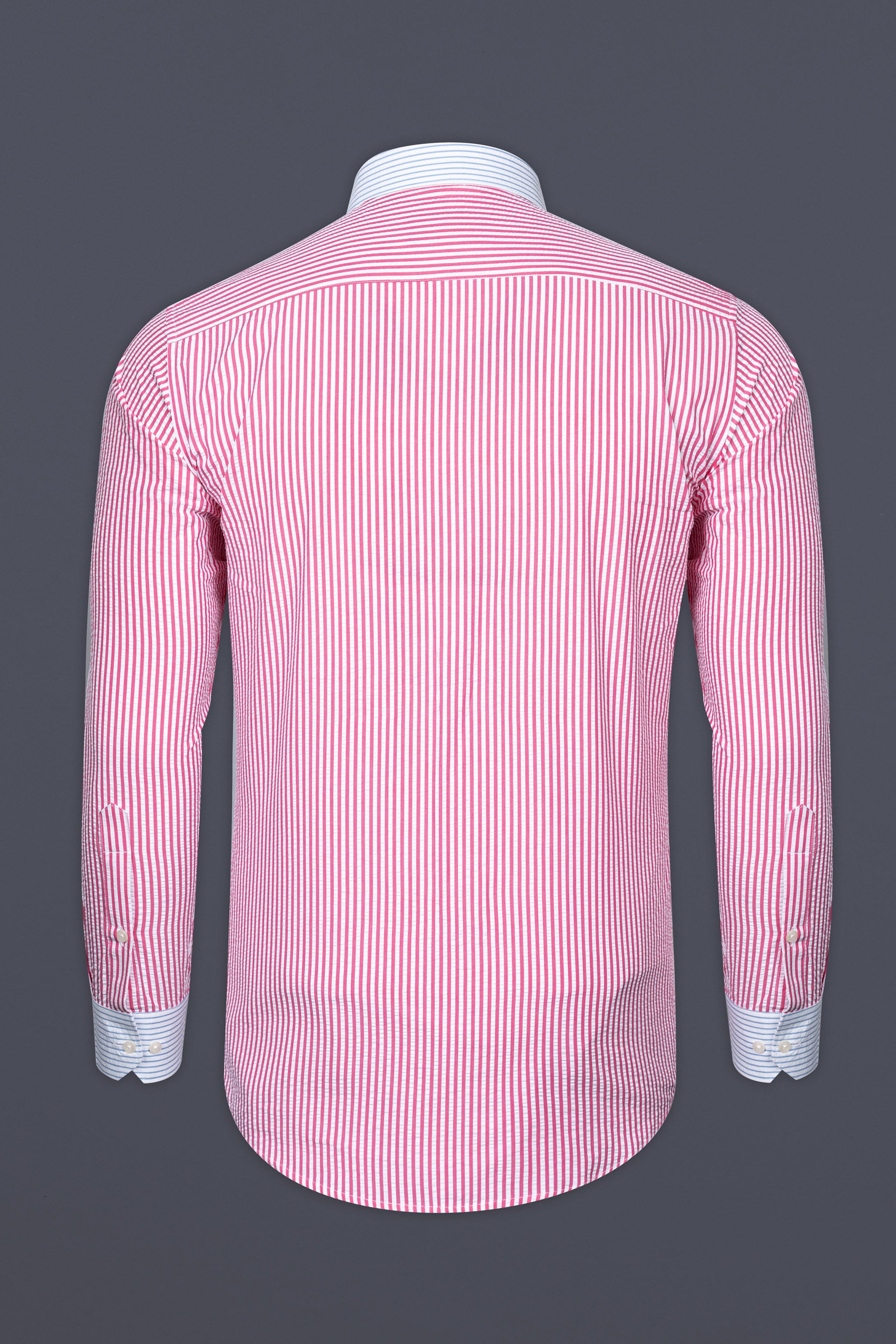 Thulian Pink And Bright White Striped Seersucker Giza Cotton Designer Shirt