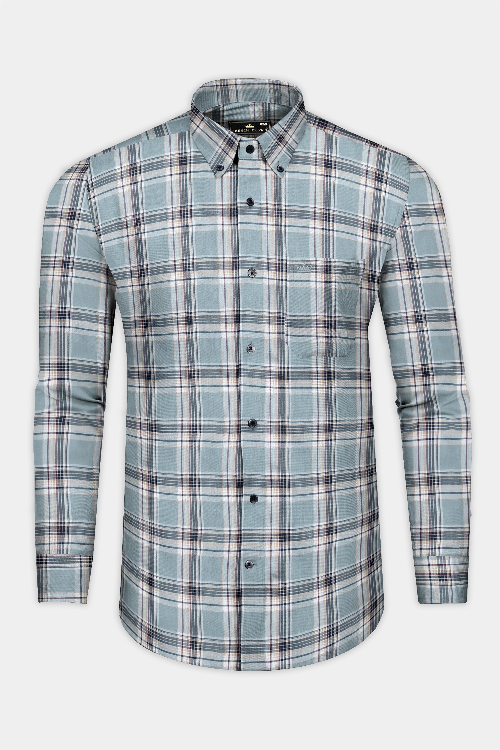 French Blue And Spring Cream Checked Twill Premium Cotton Shirt