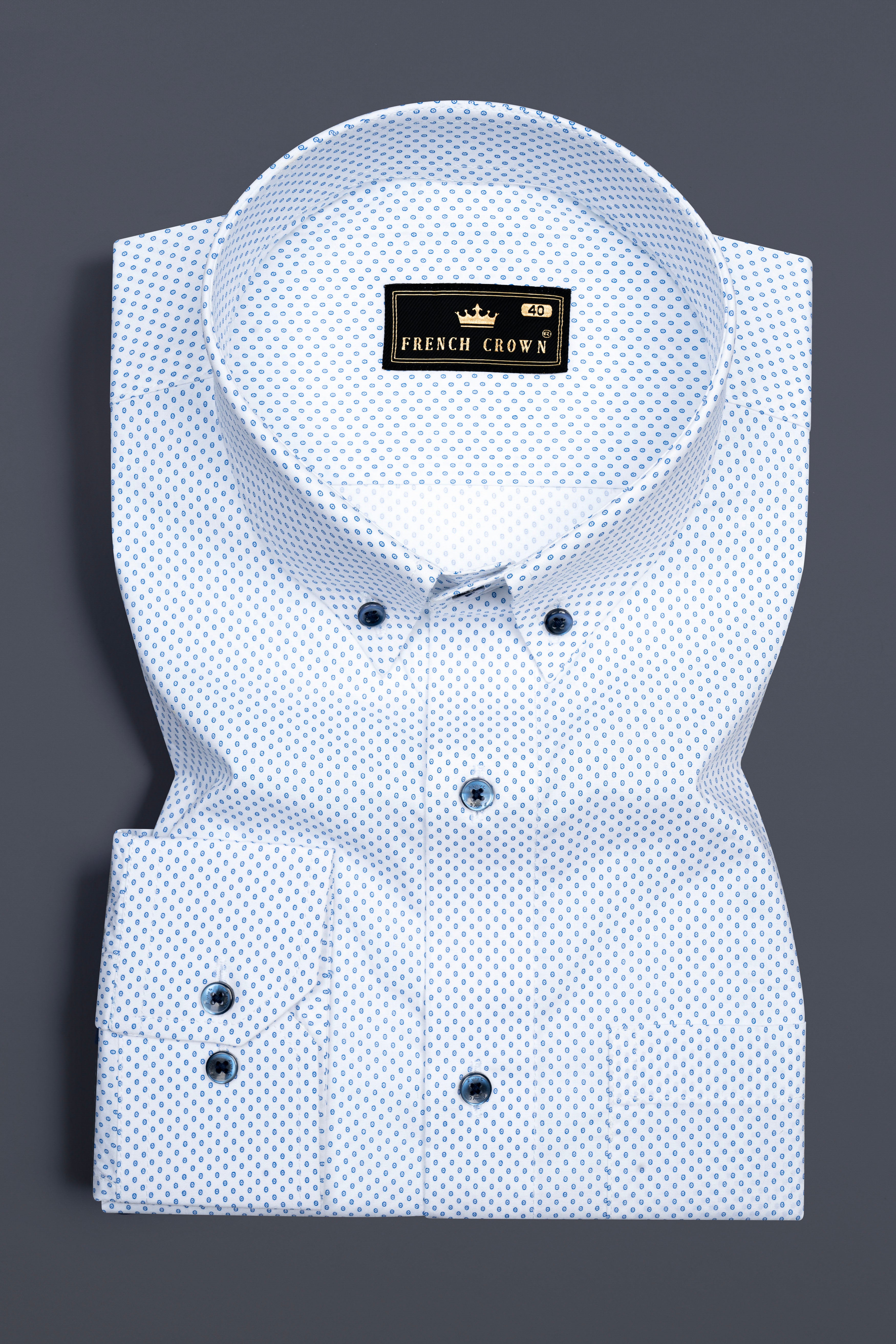 Bright White with Mackerel blue Micro Dotted Poplin Giza Cotton Shirt