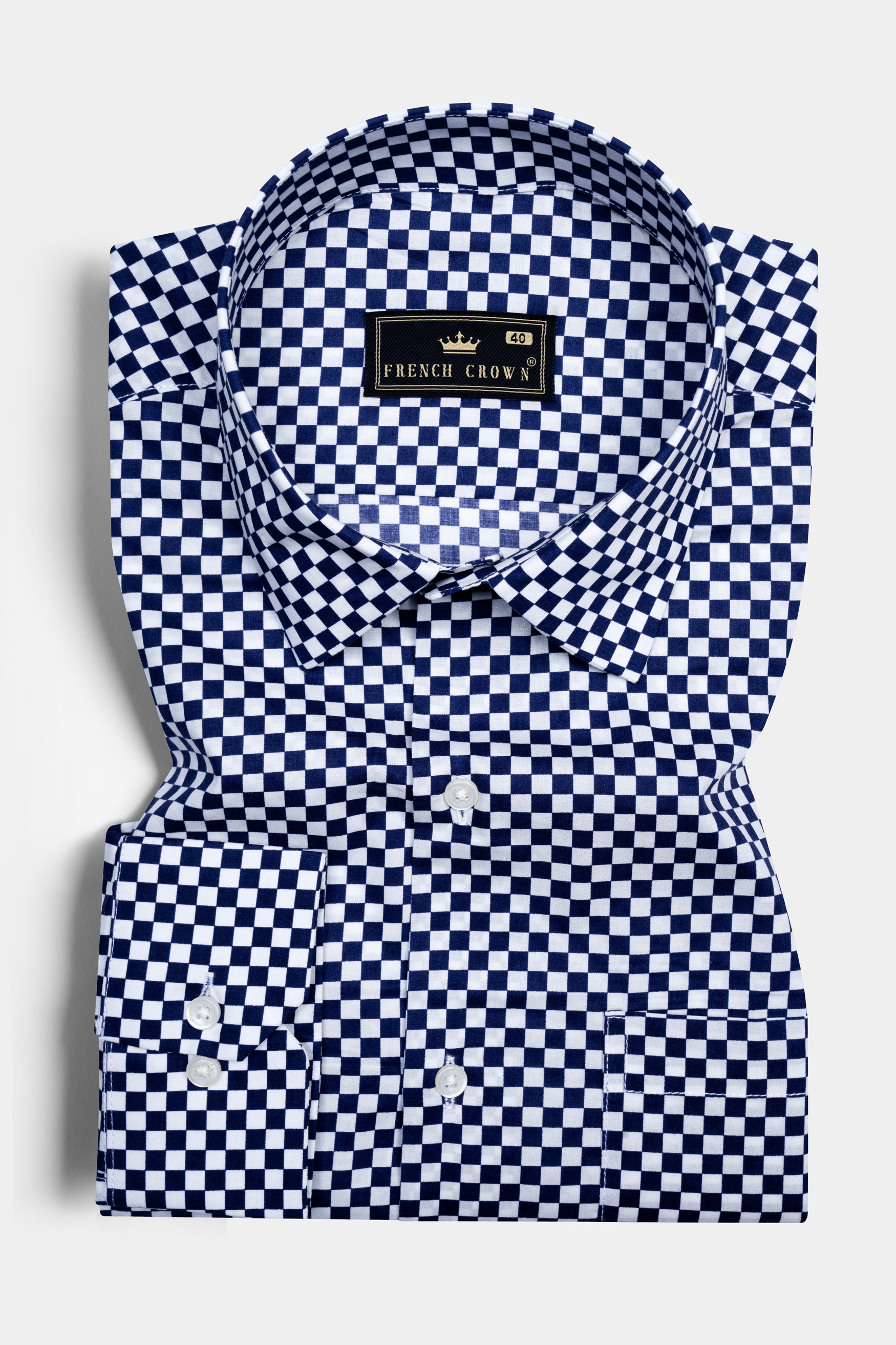 Bright White with Tangaroa Blue chess board Printed Giza Cotton Shirt 12413-38, 12413-H-38, 12413-39, 12413-H-39, 12413-40, 12413-H-40, 12413-42, 12413-H-42, 12413-44, 12413-H-44, 12413-46, 12413-H-46, 12413-48, 12413-H-48, 12413-50, 12413-H-50, 12413-52, 12413-H-52