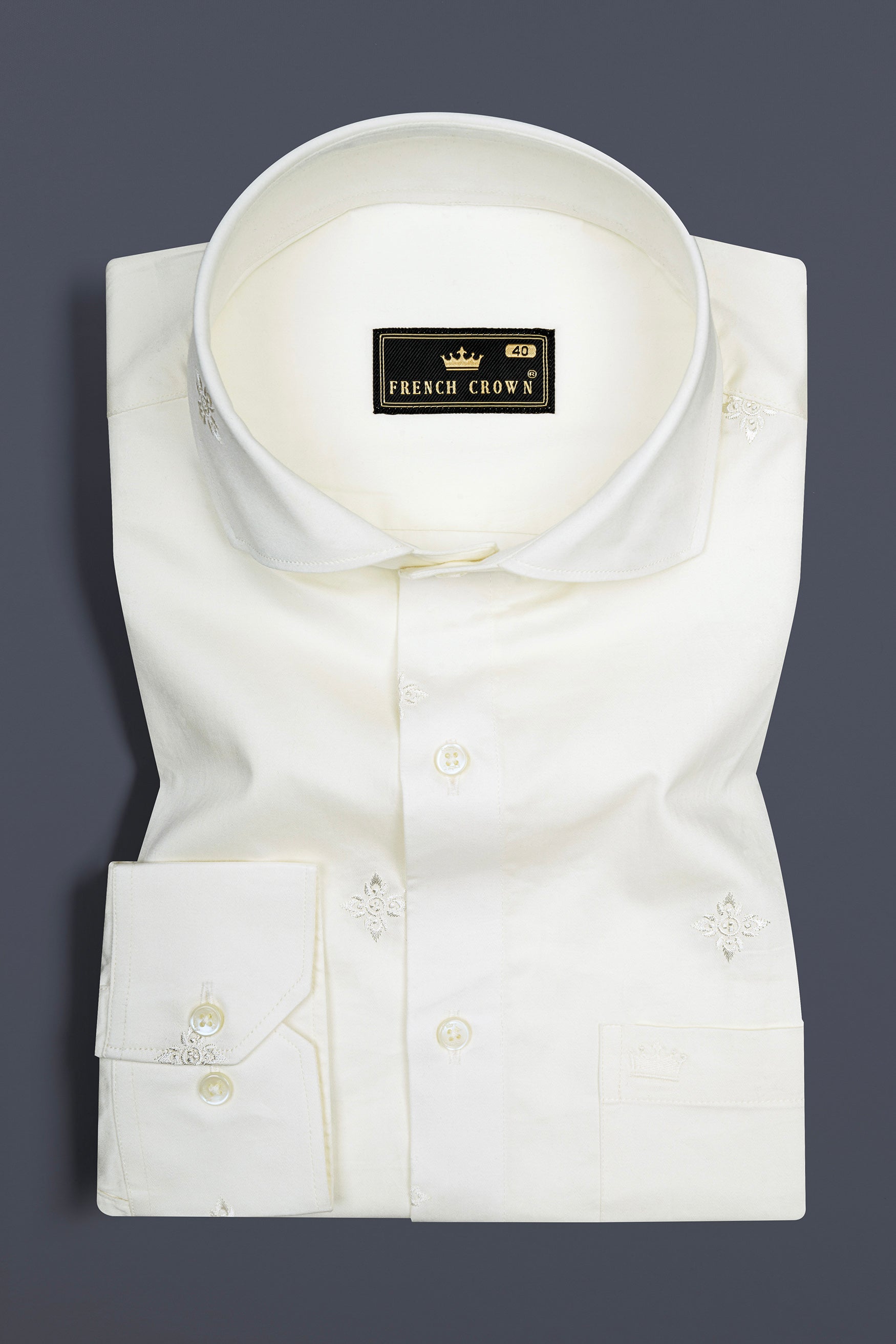 Porcelain Off White Subtle Sheen Embroidered Flower Super Soft Premium Cotton Shirt