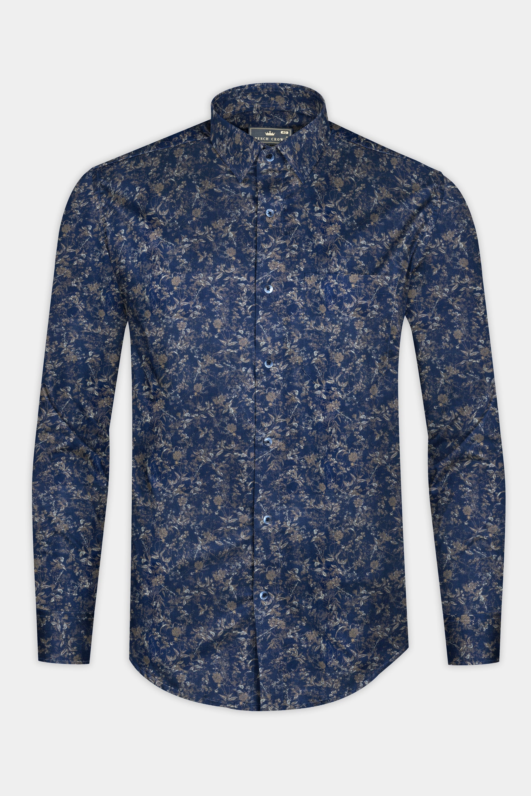 Big Stone Blue with Oyster Gray Leaf Printed Twill Cotton Shirt