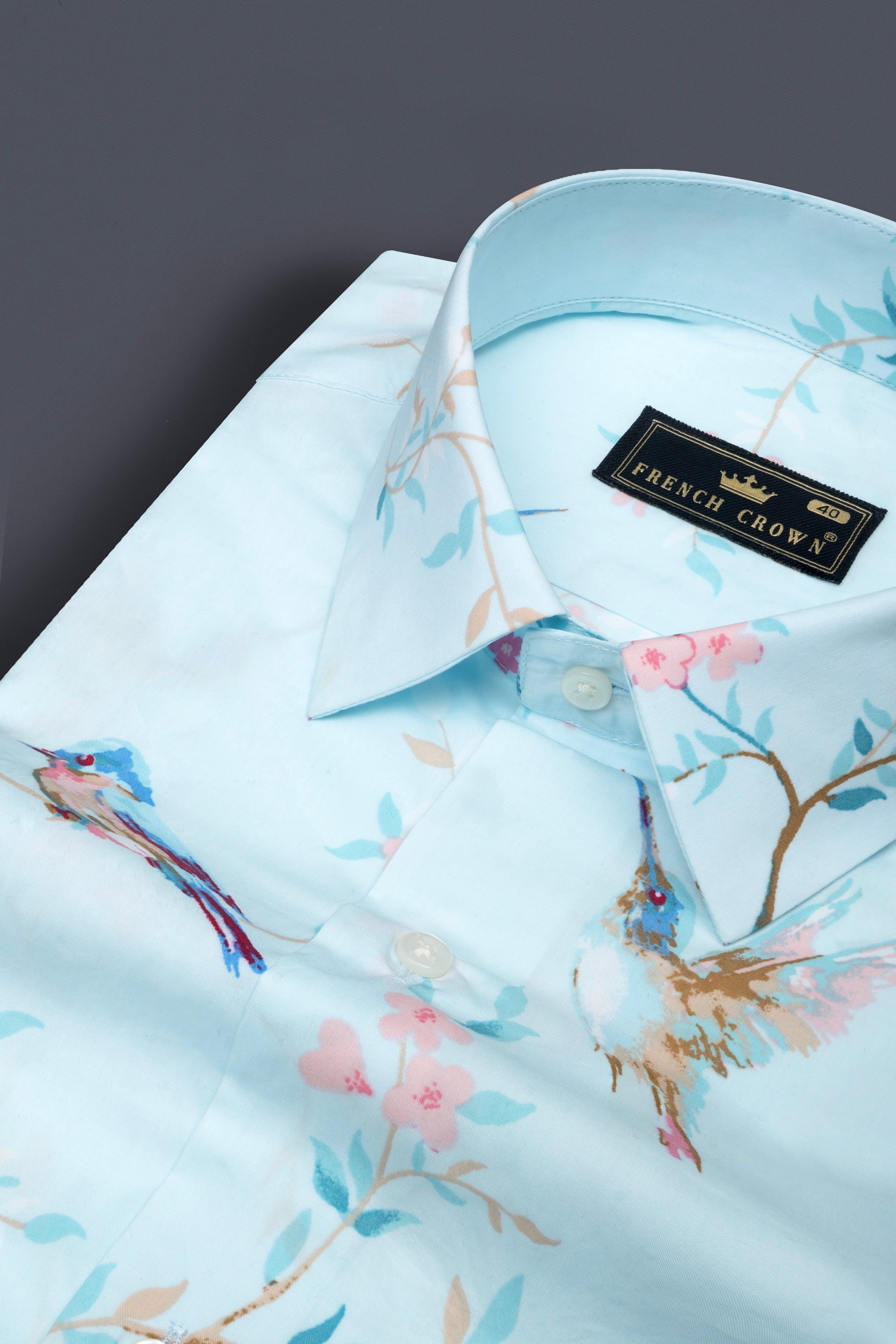 Botticelli Blue with Oyster Pink Flowers and Sparrows Printed Super Soft Premium Cotton Shirt 12477-38, 12477-H-38, 12477-39, 12477-H-39, 12477-40, 12477-H-40, 12477-42, 12477-H-42, 12477-44, 12477-H-44, 12477-46, 12477-H-46, 12477-48, 12477-H-48, 12477-50, 12477-H-50, 12477-52, 12477-H-52