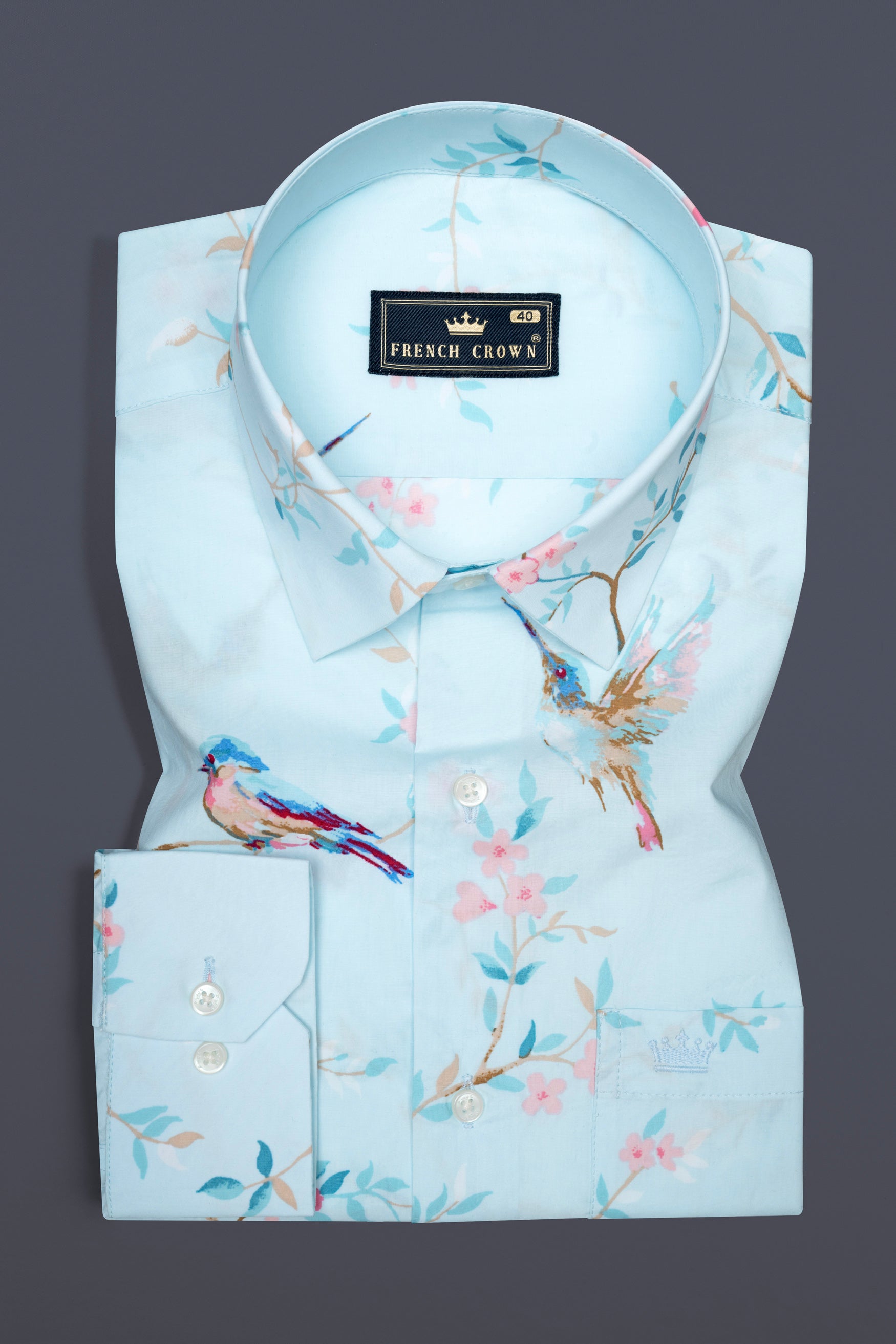 Botticelli Blue with Oyster Pink Flowers and Sparrows Printed Super Soft Premium Cotton Shirt 12477-38, 12477-H-38, 12477-39, 12477-H-39, 12477-40, 12477-H-40, 12477-42, 12477-H-42, 12477-44, 12477-H-44, 12477-46, 12477-H-46, 12477-48, 12477-H-48, 12477-50, 12477-H-50, 12477-52, 12477-H-52