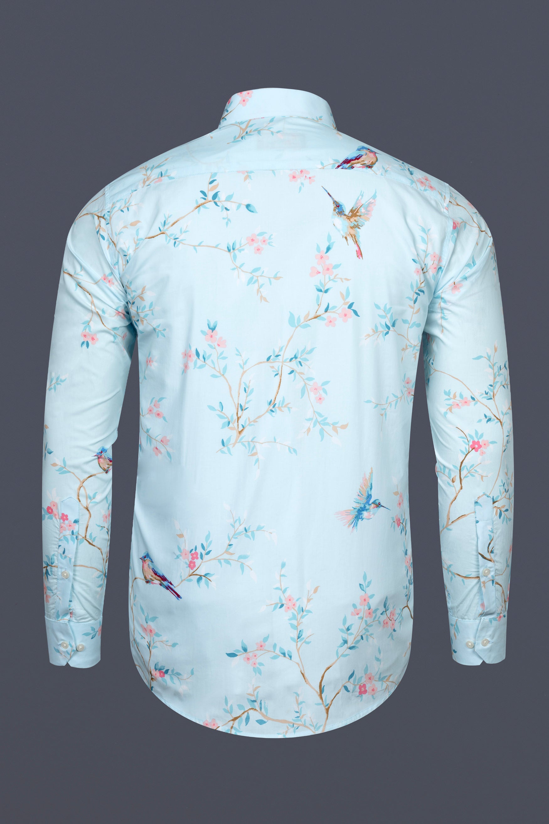 Botticelli Blue with Oyster Pink Flowers and Sparrows Printed Super Soft Premium Cotton Shirt 12477-38, 12477-H-38, 12477-39, 12477-H-39, 12477-40, 12477-H-40, 12477-42, 12477-H-42, 12477-44, 12477-H-44, 12477-46, 12477-H-46, 12477-48, 12477-H-48, 12477-50, 12477-H-50, 12477-52, 12477-H-52