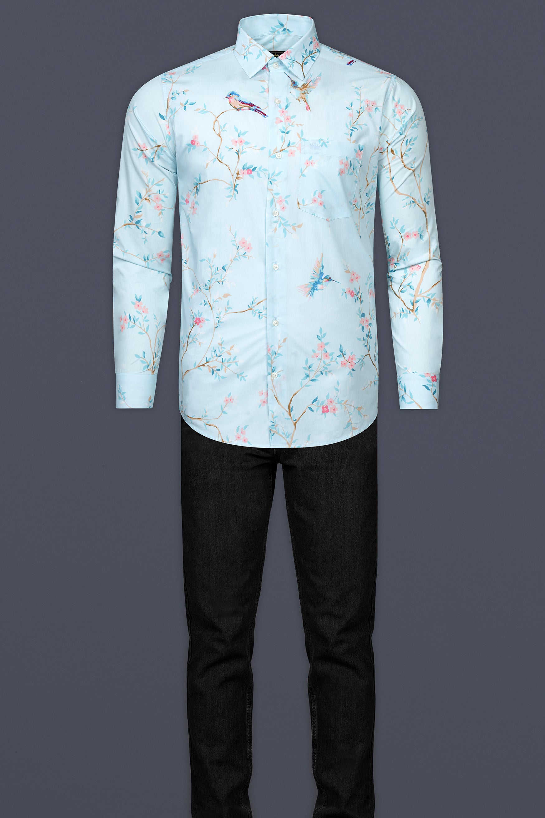 Botticelli Blue with Oyster Pink Flowers and Sparrows Printed Super Soft Premium Cotton Shirt 12477-38, 12477-H-38, 12477-39, 12477-H-39, 12477-40, 12477-H-40, 12477-42, 12477-H-42, 12477-44, 12477-H-44, 12477-46, 12477-H-46, 12477-48, 12477-H-48, 12477-50, 12477-H-50, 12477-52, 12477-H-52