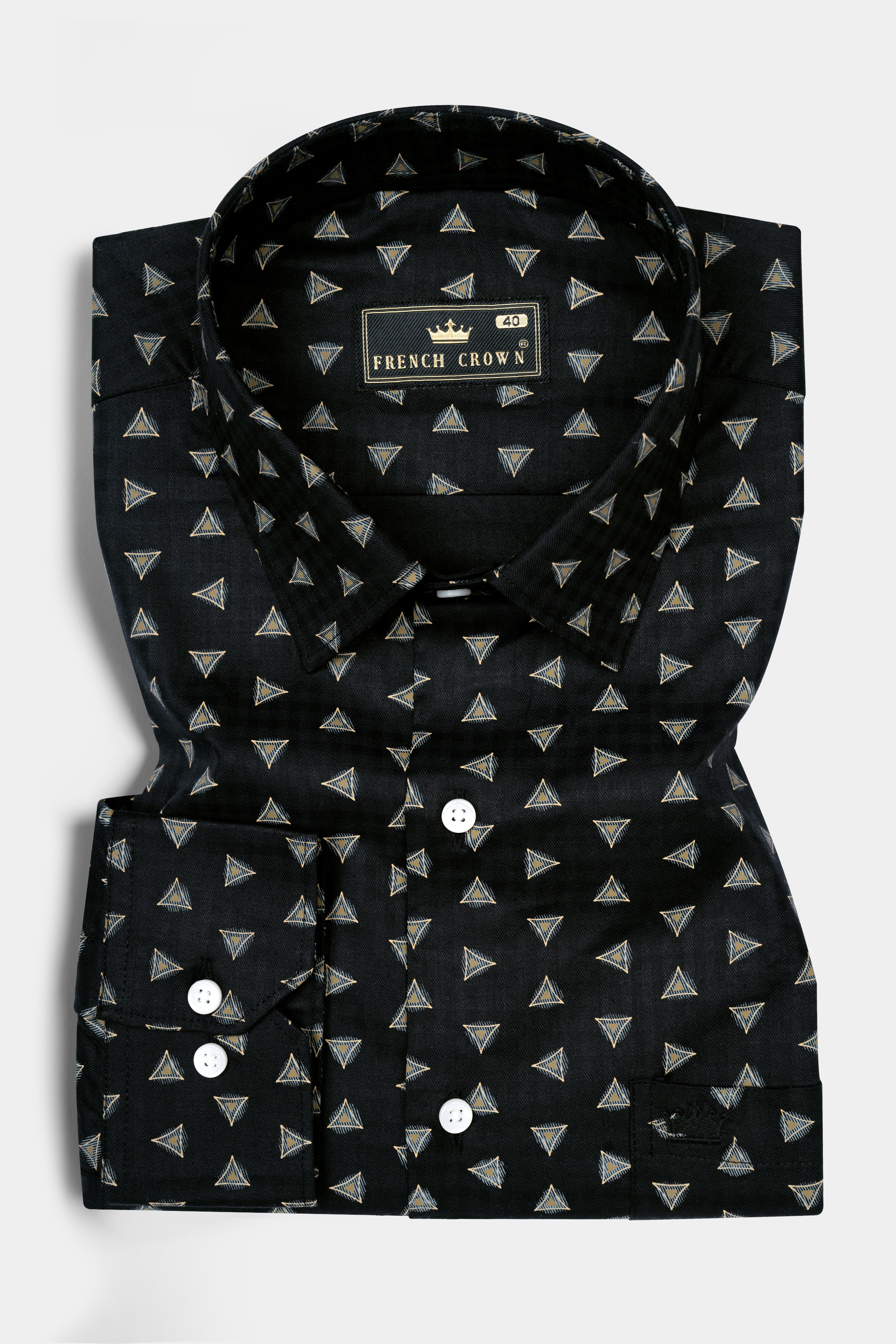 Jade Black Triangles printed Twill Premium Cotton Shirt 12521-38,  12521-H-38,  12521-39,  12521-H-39,  12521-40,  12521-H-40,  12521-42,  12521-H-42,  12521-44,  12521-H-44,  12521-46,  12521-H-46,  12521-48,  12521-H-48,  12521-50,  12521-H-50,  12521-52,  12521-H-52