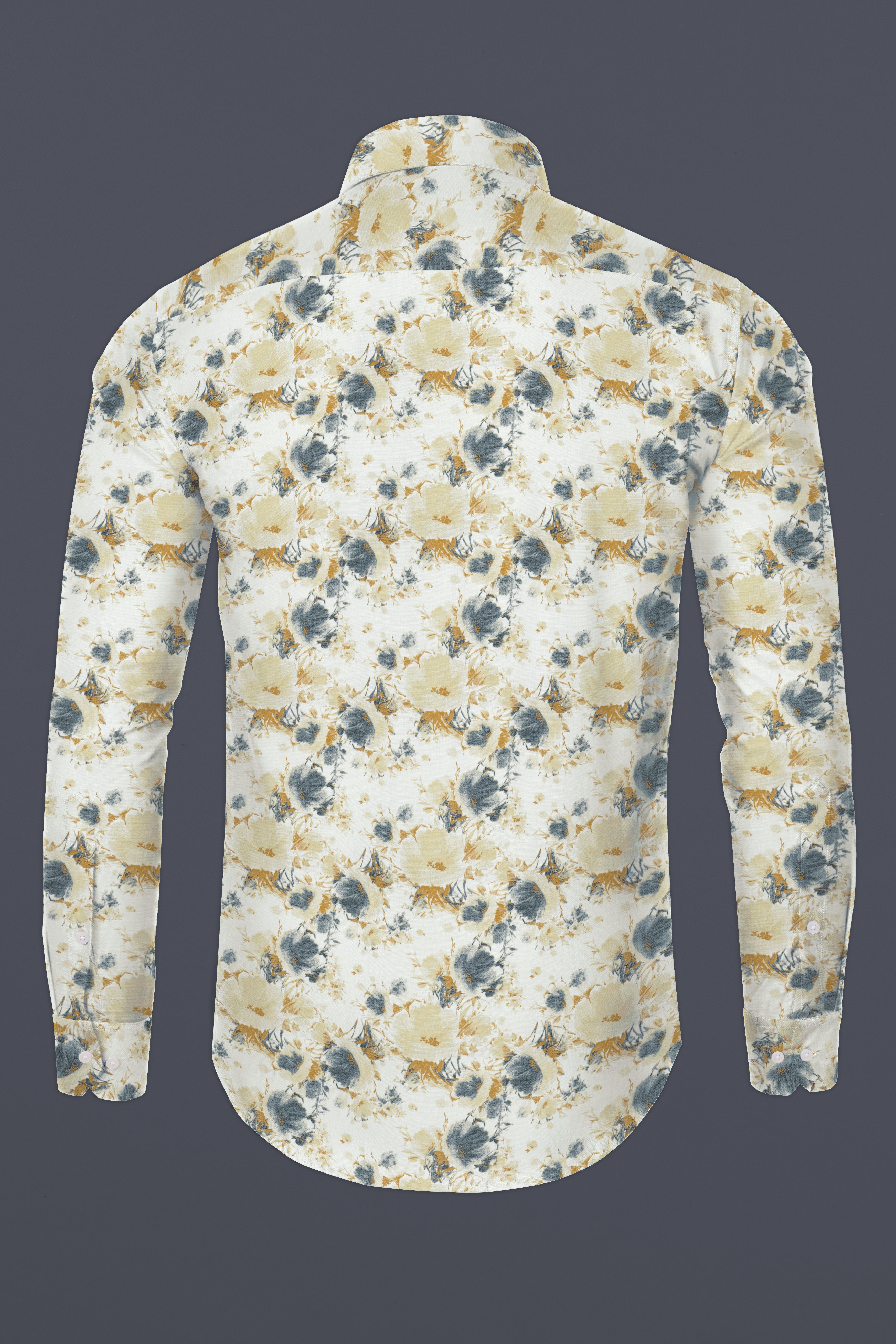 Bright White with Tussock brown Flower Printed Chambray Premium Giza Cotton Shirt