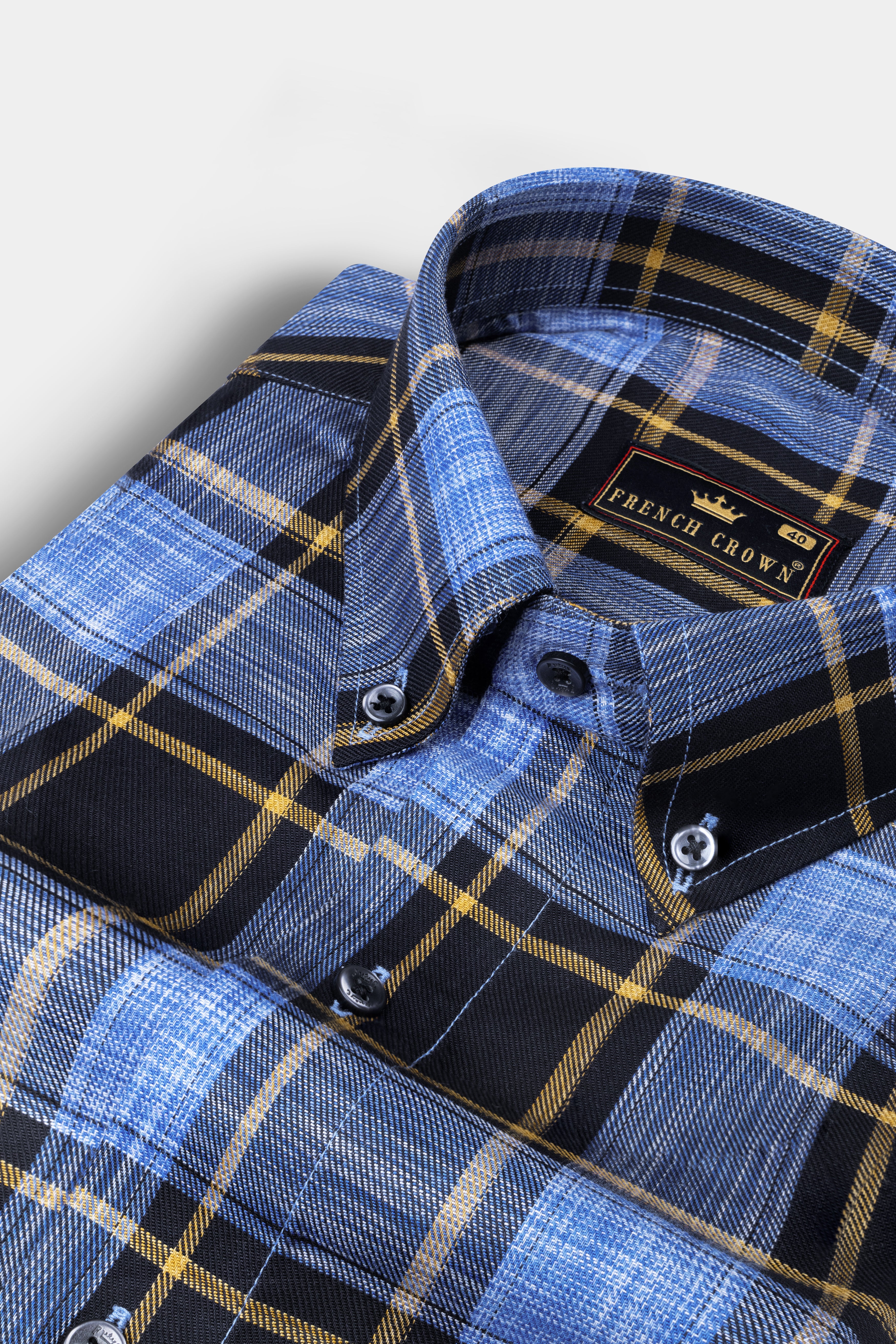 Glaucous Blue with Black and Brown Checks Plaid Twill Giza Cotton Shirt