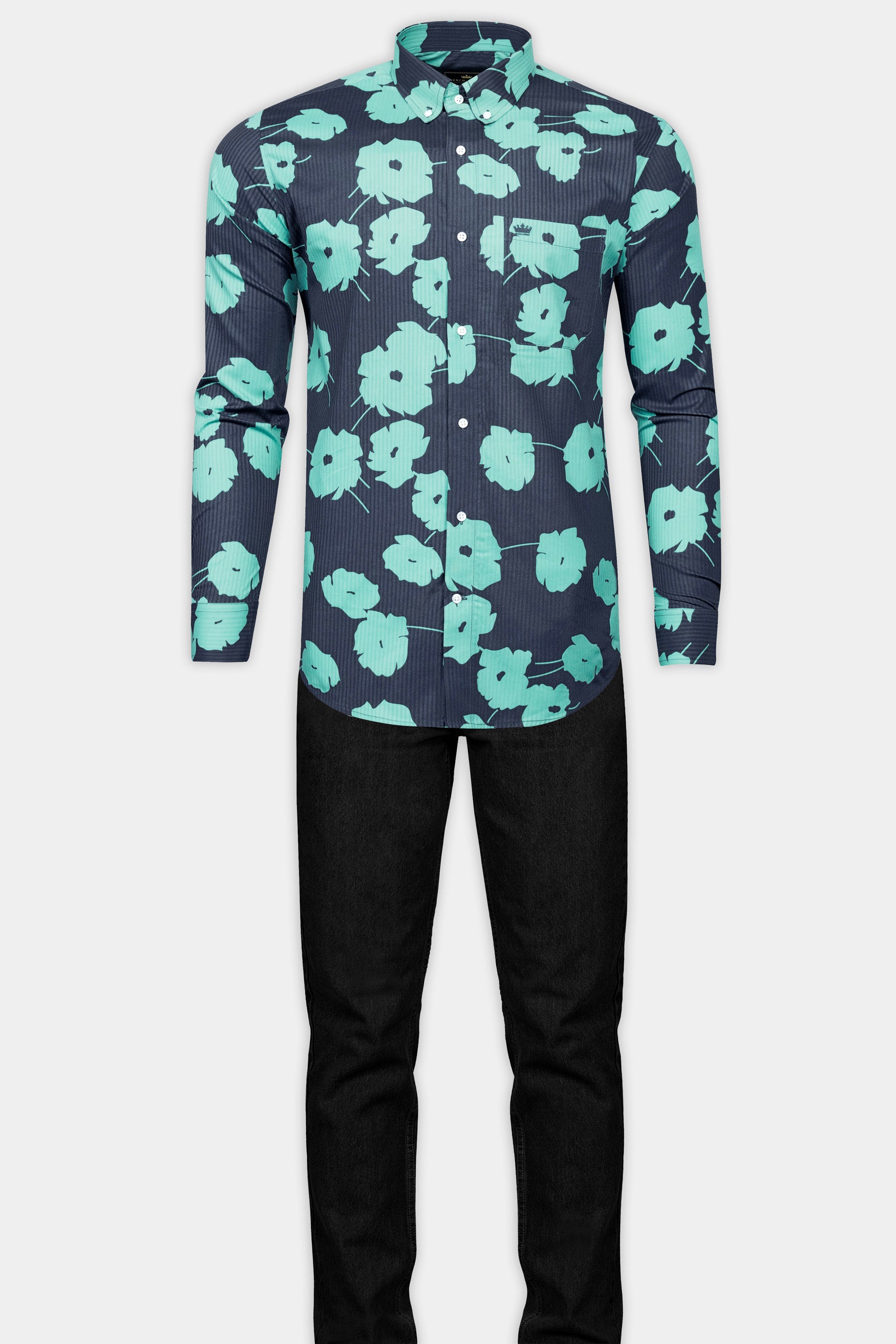 Fiord Blue with Tiffany Blue Flower Printed chambray denim shirt 12534-BD-38,  12534-BD-H-38,  12534-BD-39,  12534-BD-H-39,  12534-BD-40,  12534-BD-H-40,  12534-BD-42,  12534-BD-H-42,  12534-BD-44,  12534-BD-H-44,  12534-BD-46,  12534-BD-H-46,  12534-BD-48,  12534-BD-H-48,  12534-BD-50,  12534-BD-H-50,  12534-BD-52,  12534-BD-H-52