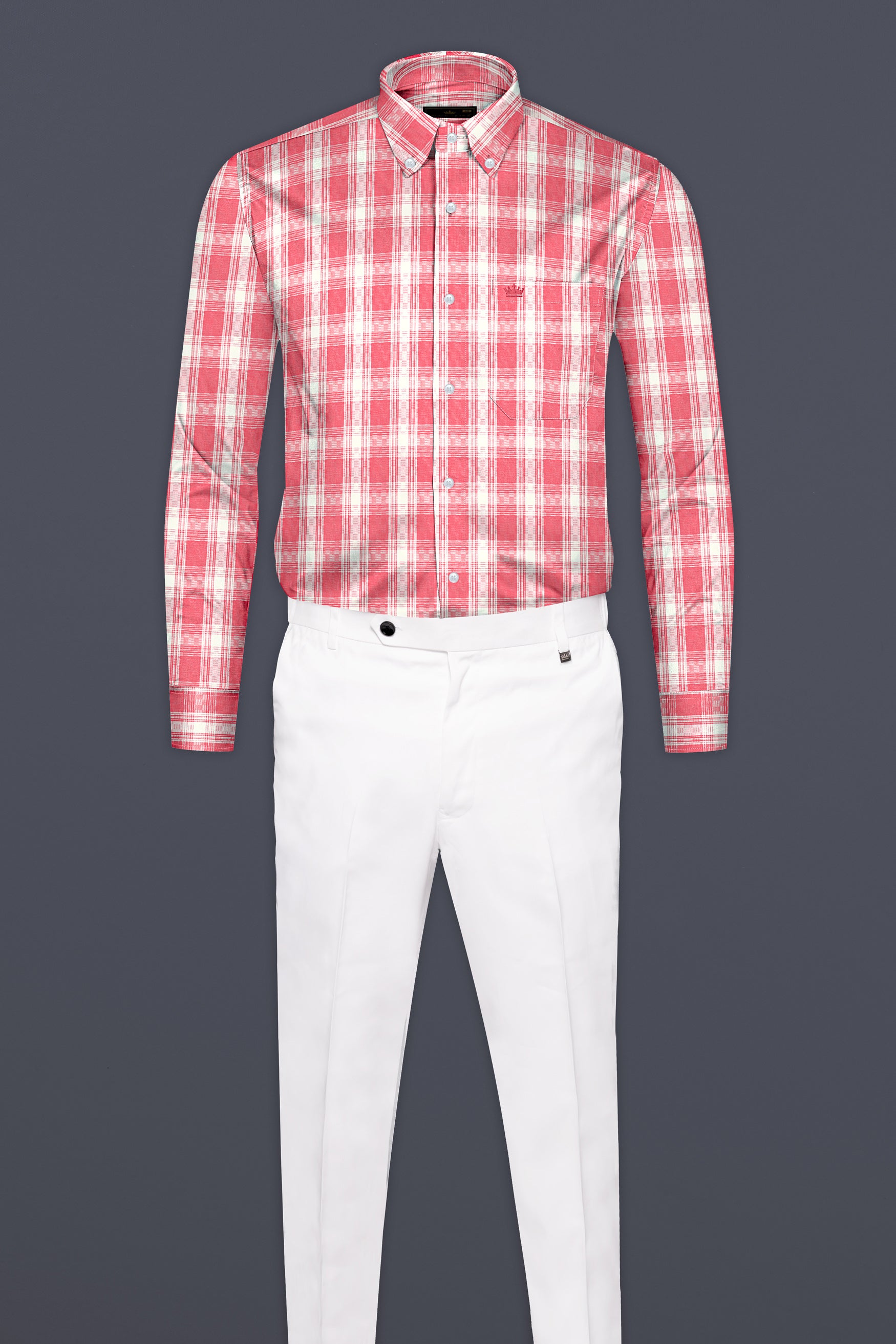 Rosy Pink and White Checks Plaid Dobby Textured Premium Giza Cotton Shirt