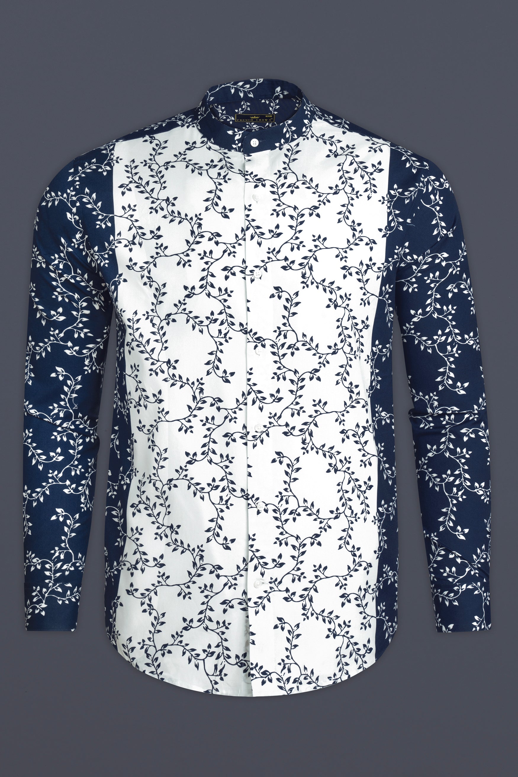 Bright White and Mirage Blue Leaves Printed Poplin Giza Cotton Shirt