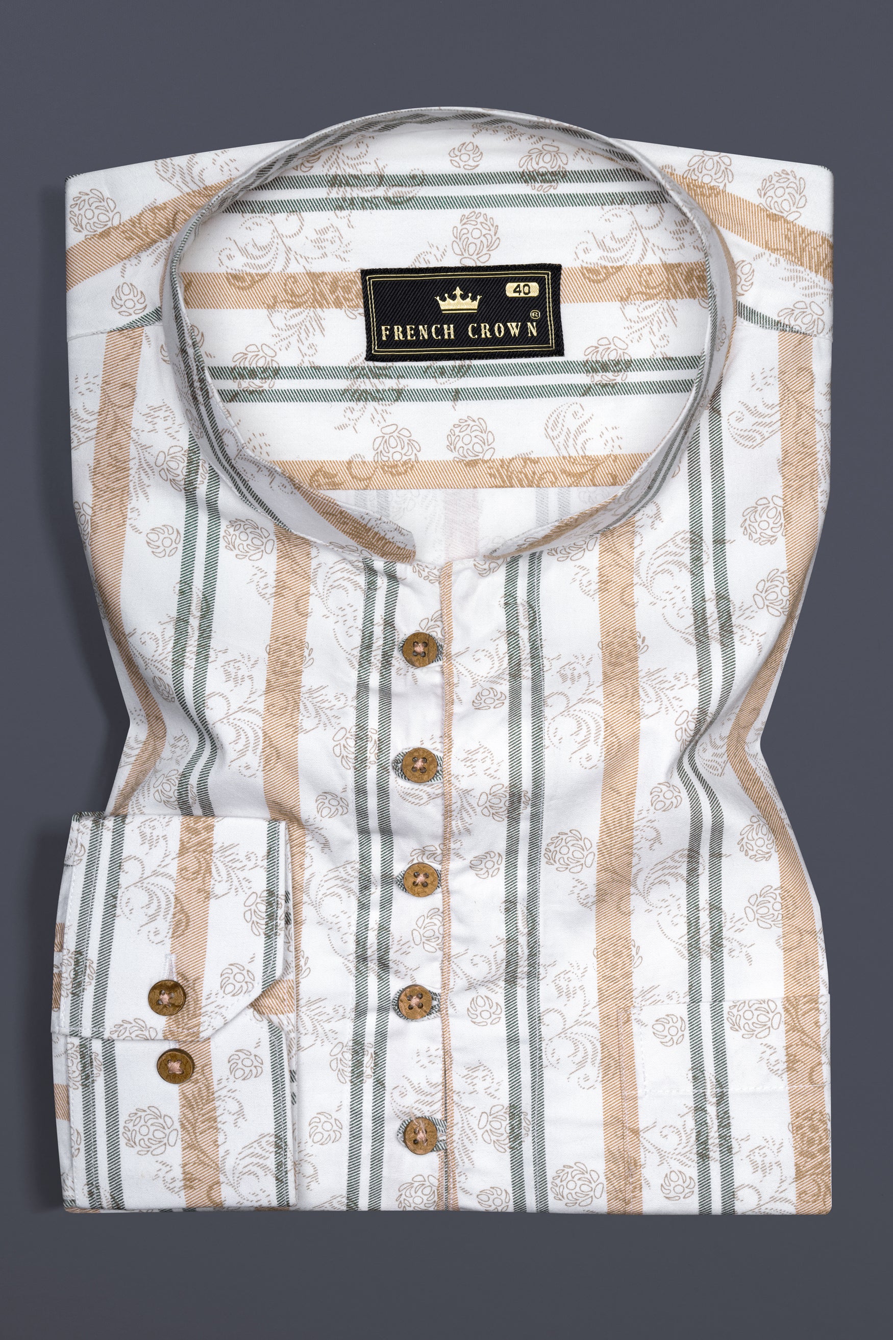 Romance White with Tan Orange and Corduroy Green Striped Super Soft Premium Cotton Kurta Shirt