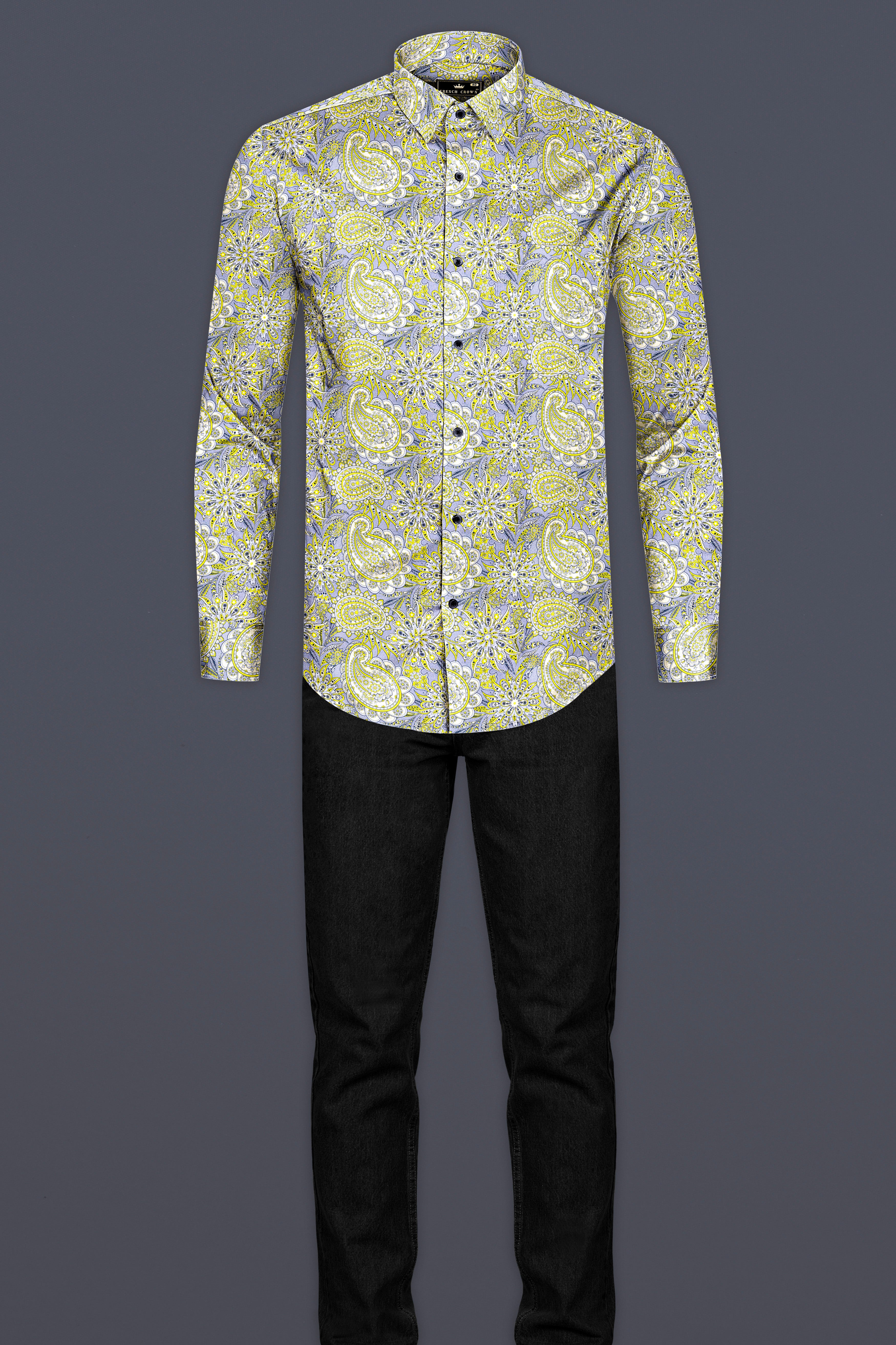 Gull Gray with Wild Rice Green Flower Valley Printed Super Soft Premium Cotton Shirt