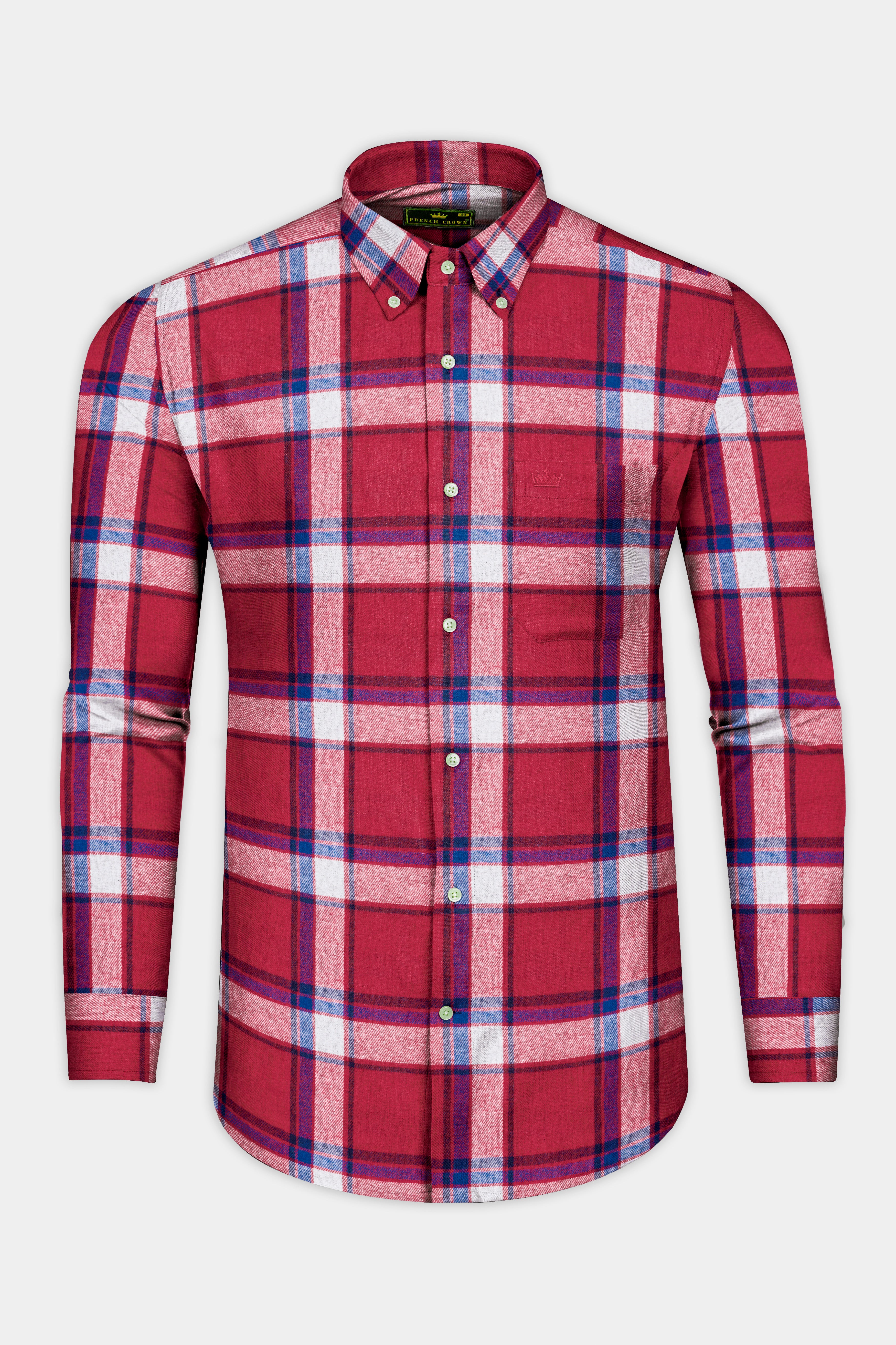 Vivid Auburn Red with Downriver Blue and White Plaid Flannel shirt