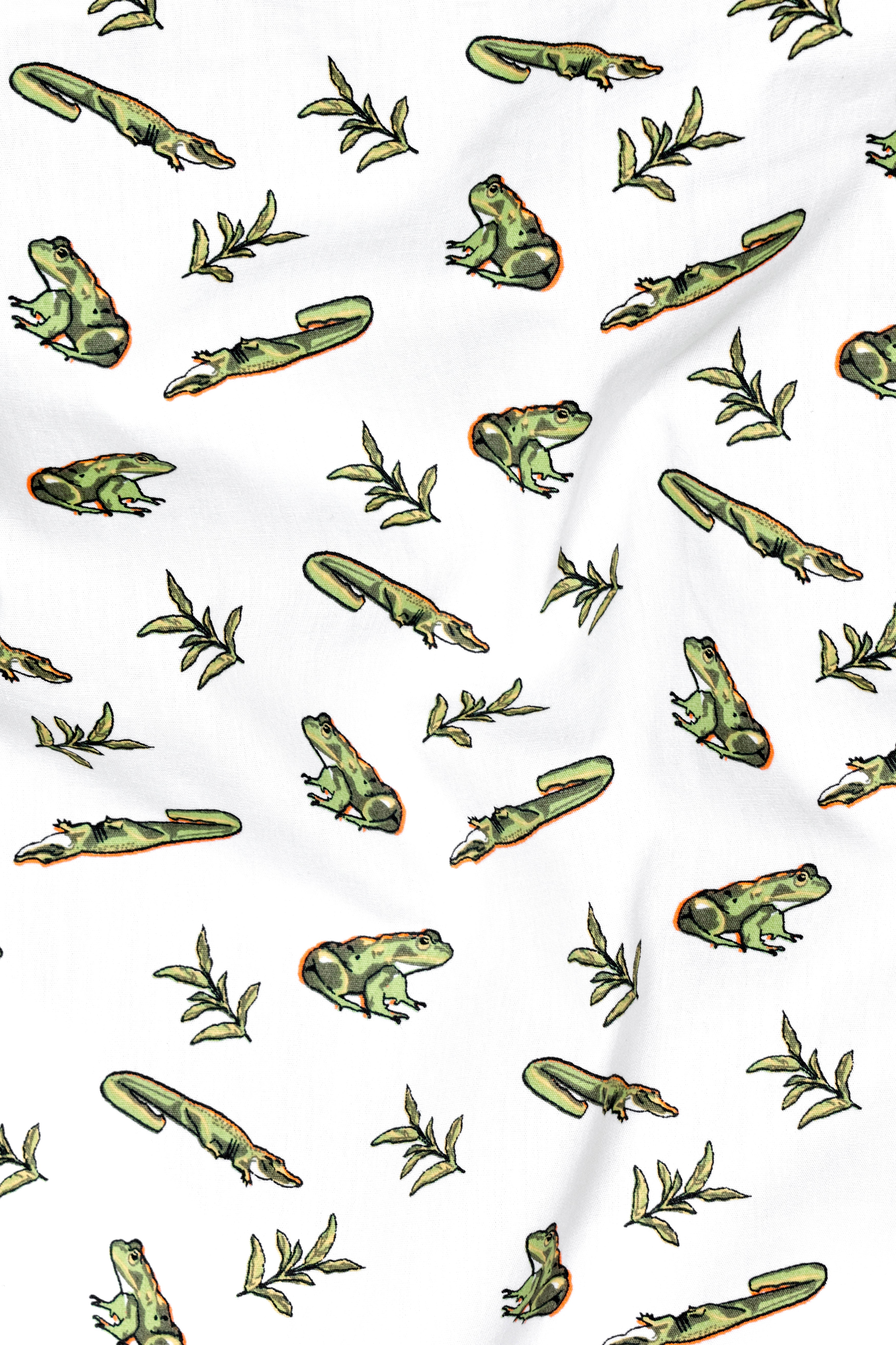Bright White with Sage Green Frogs and Crocodiles Printed Poplin Cotton Shirt