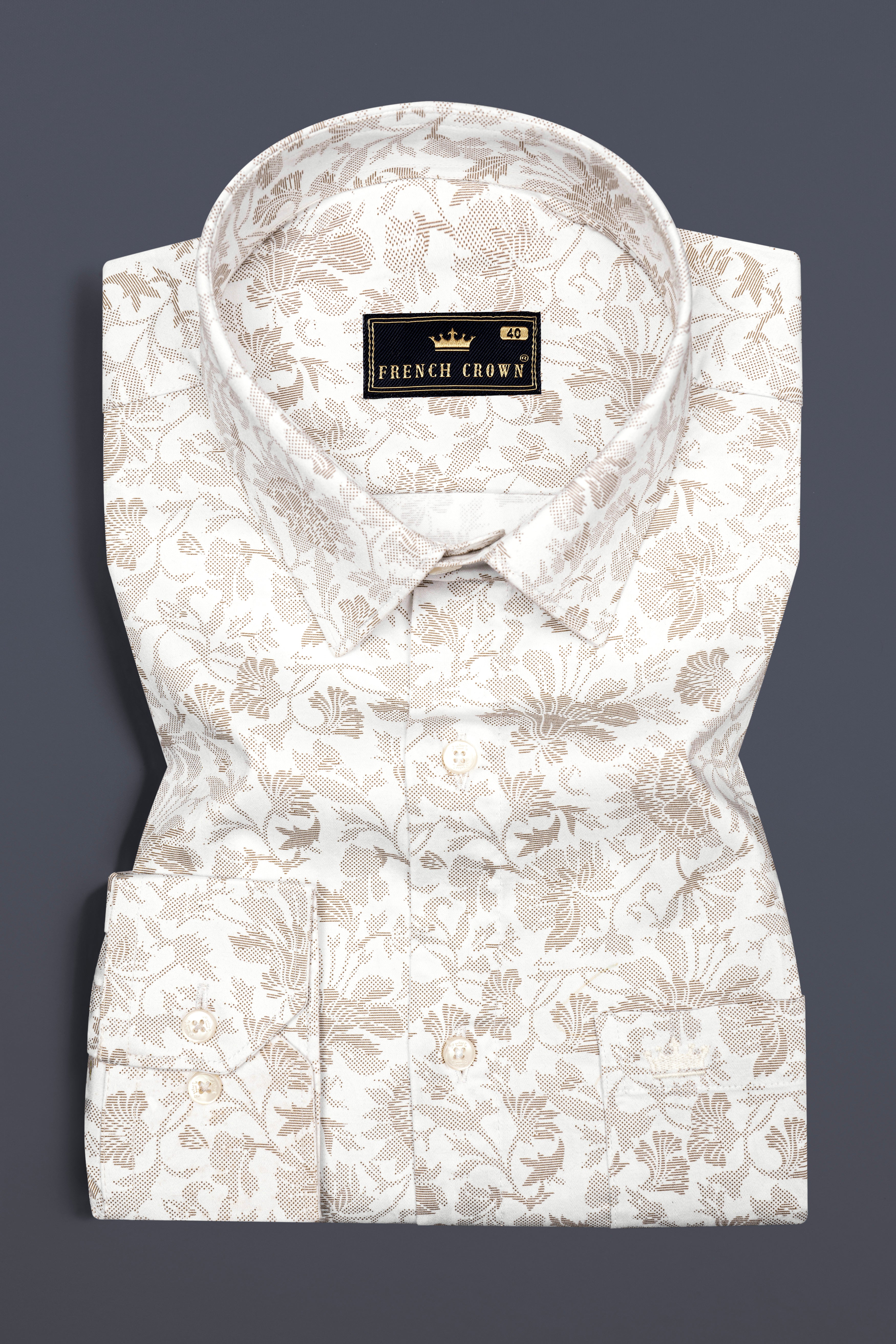 Bright White with Cinereous Brown Flower Printed Super Soft Premium Cotton Shirt
